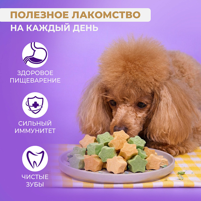 Лакомство Ranova для собак сублимированное Звёздочка для зубов микс вкусов: с курицей и морскими водорослями или с курицей и хурмой, 6 г