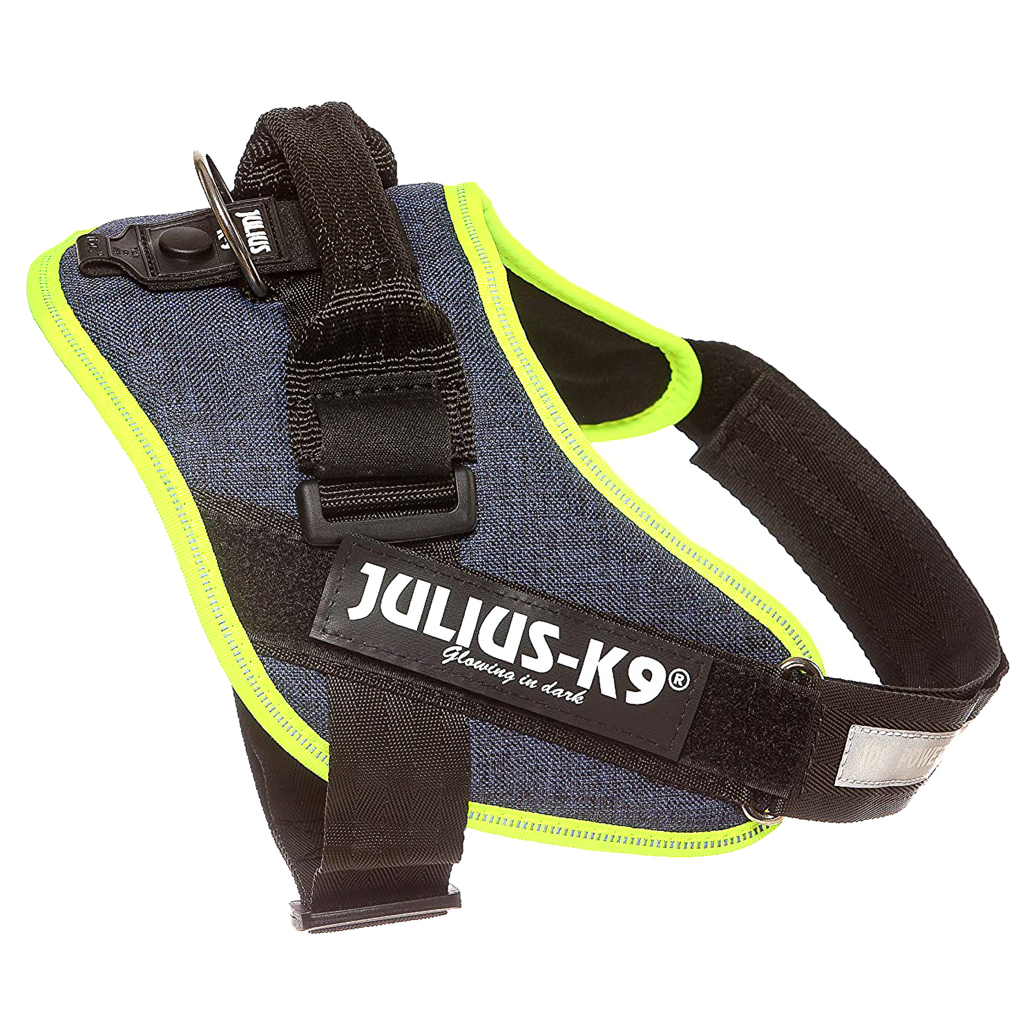 JULIUS-K9 шлейка для собак IDC®-Powerharness 0 (58-76см/ 14-25кг), джинса-зеленый неон СКИДКА 40%