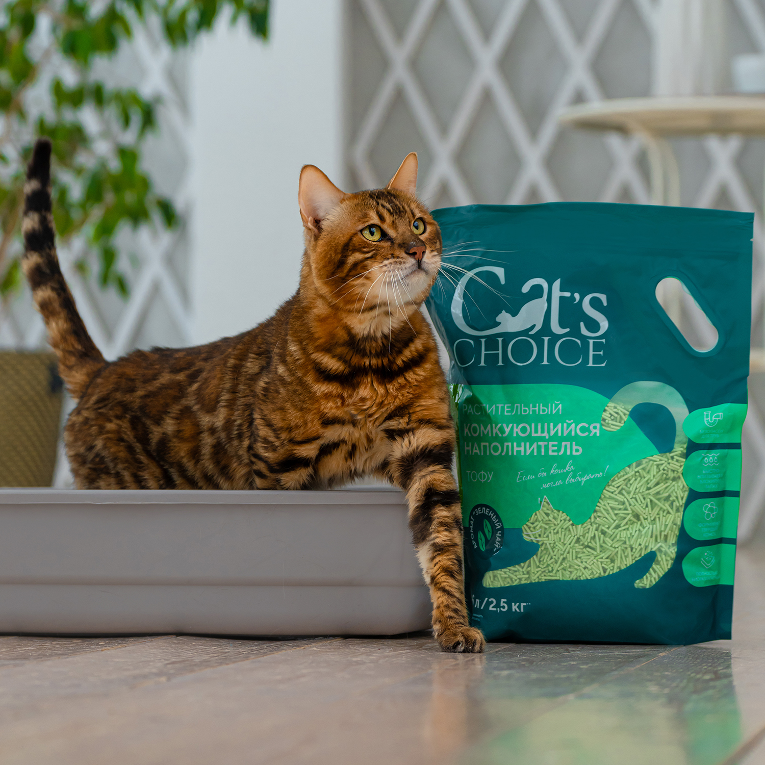 Растительный комкующийся наполнитель тофу Cat's choice с ароматом "Зеленый чай" 6 л/2,5 кг