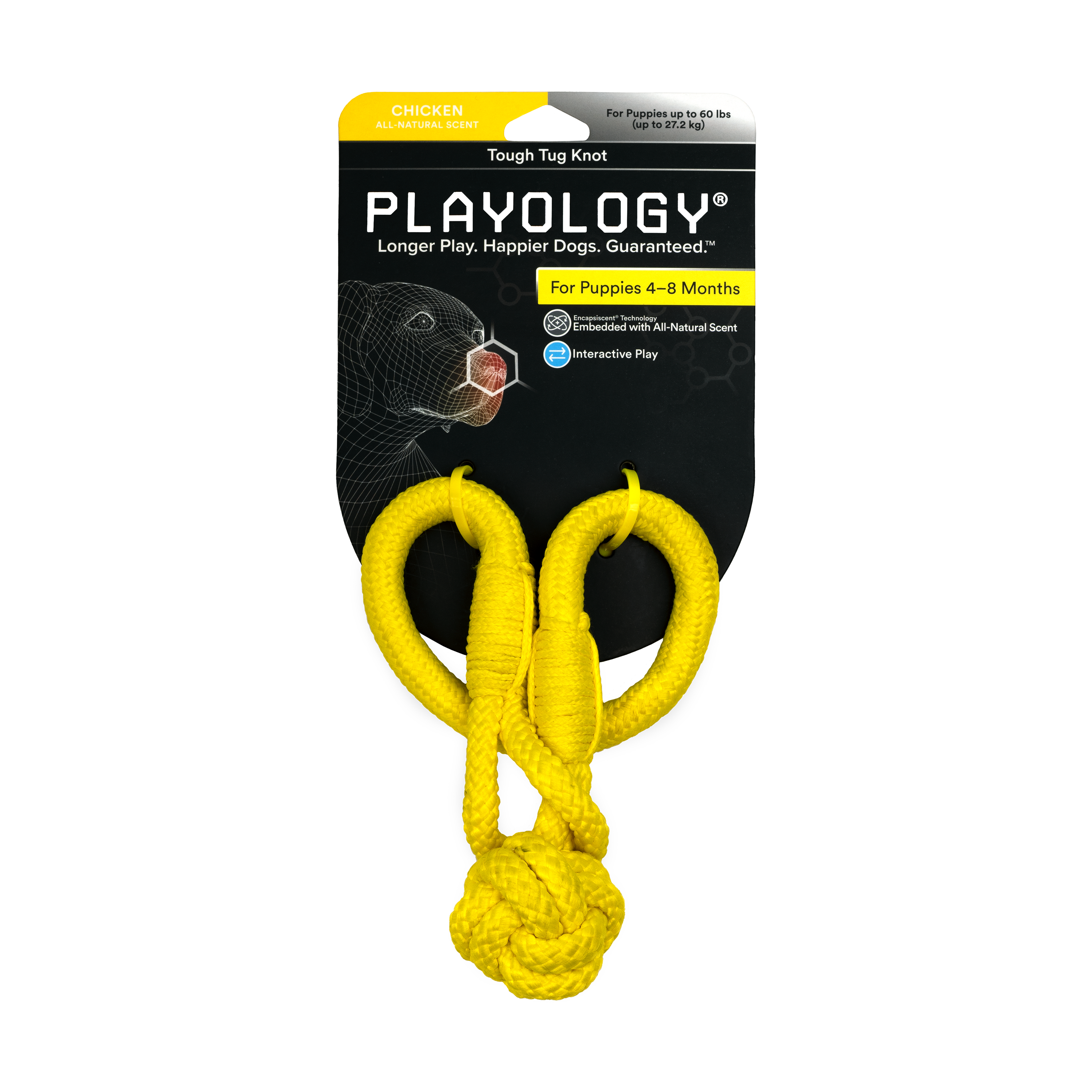 Playology жевательный канат TOUGH TUG KNOT для щенков 4-8 месяцев с ароматом курицы, цвет желтый СКИДКА 50%