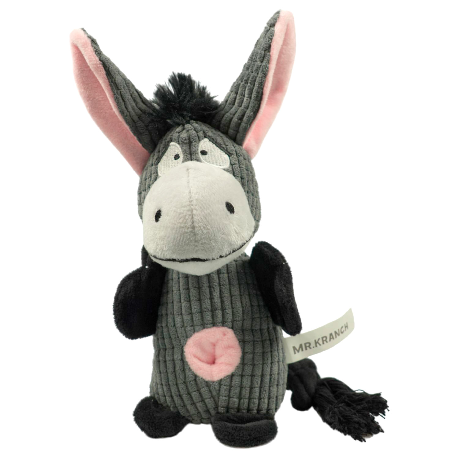 Игрушка Mr.Kranch для собак Ослик плюшевая с канатиками пищалкой и карманом под лакомство 21 см серая