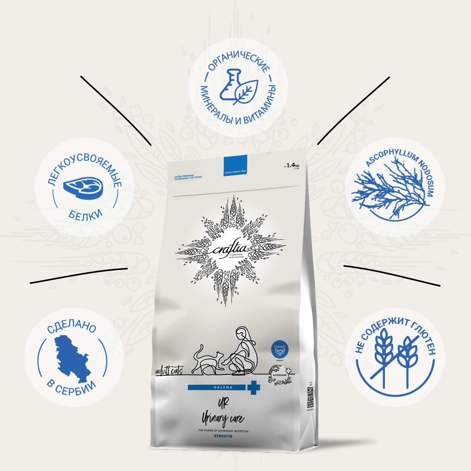 Ветеринарная диета CRAFTIA GALENA CAT URINARY CARE Уринари для кошек для растворения струвитных камней 1,4 кг