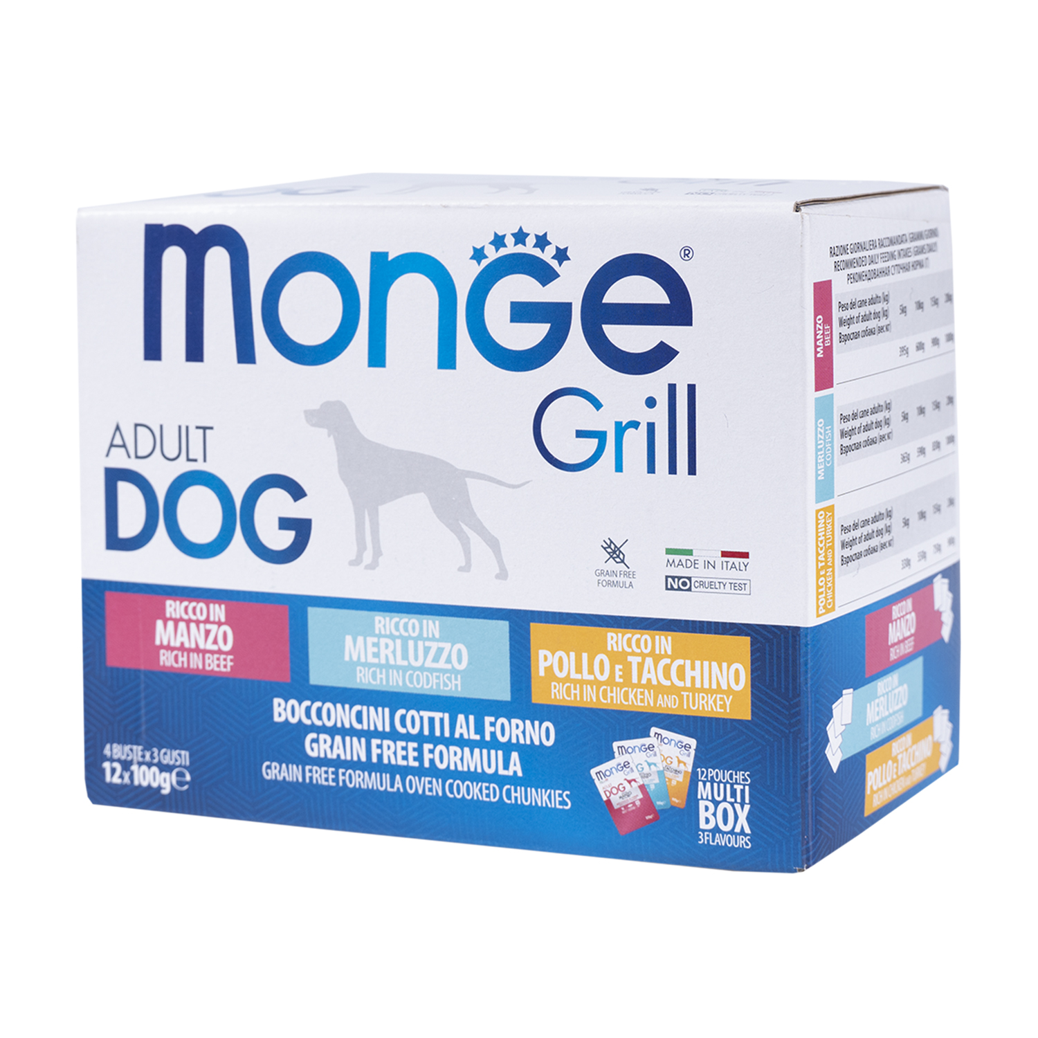 Влажный корм Monge Dog Grill для собак с говядиной, с треской, с курицей и индейкой, бокс с паучами 12 шт х 100 г