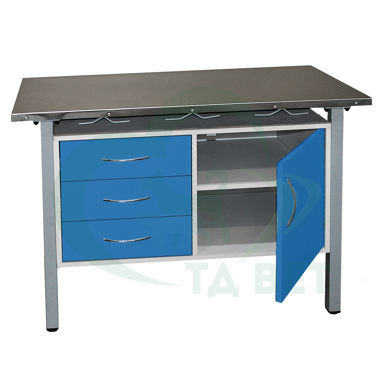 ТД ВЕТ Стол ветеринарный универсальный СВУ-3.08,столешница HPL (цвет серый-меланж) 1300х600х900 мм (фасад делфт-голубой)