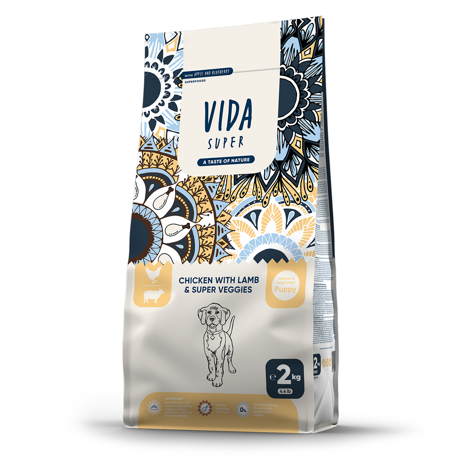 Сухой корм VIDA SUPER для щенков средних и крупных пород из курицы с ягненком и овощами 2 кг