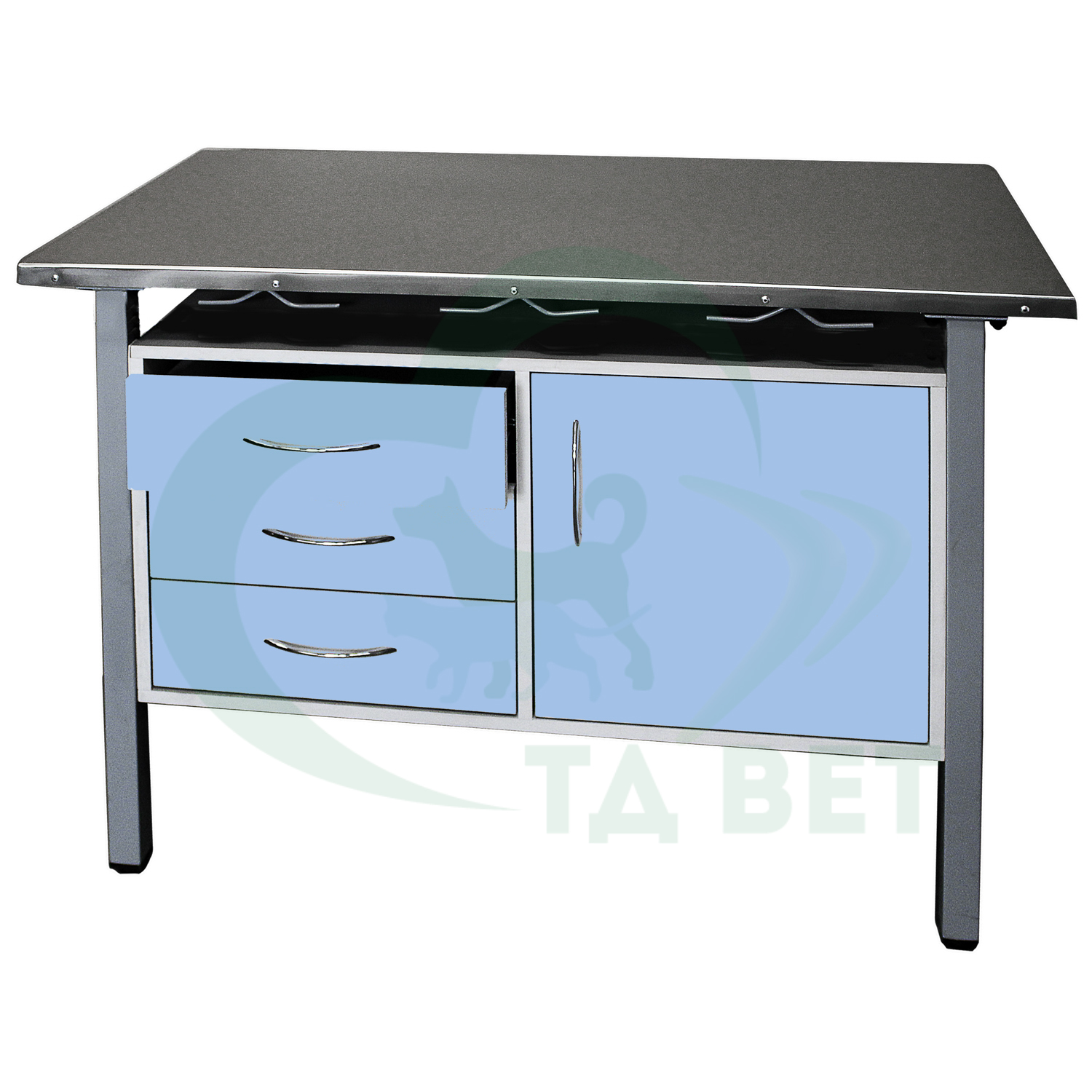 ТД ВЕТ Стол ветеринарный универсальный СВУ-3.08,столешница HPL (цвет серый-меланж) 1300х600х900 мм (фасад голубой)