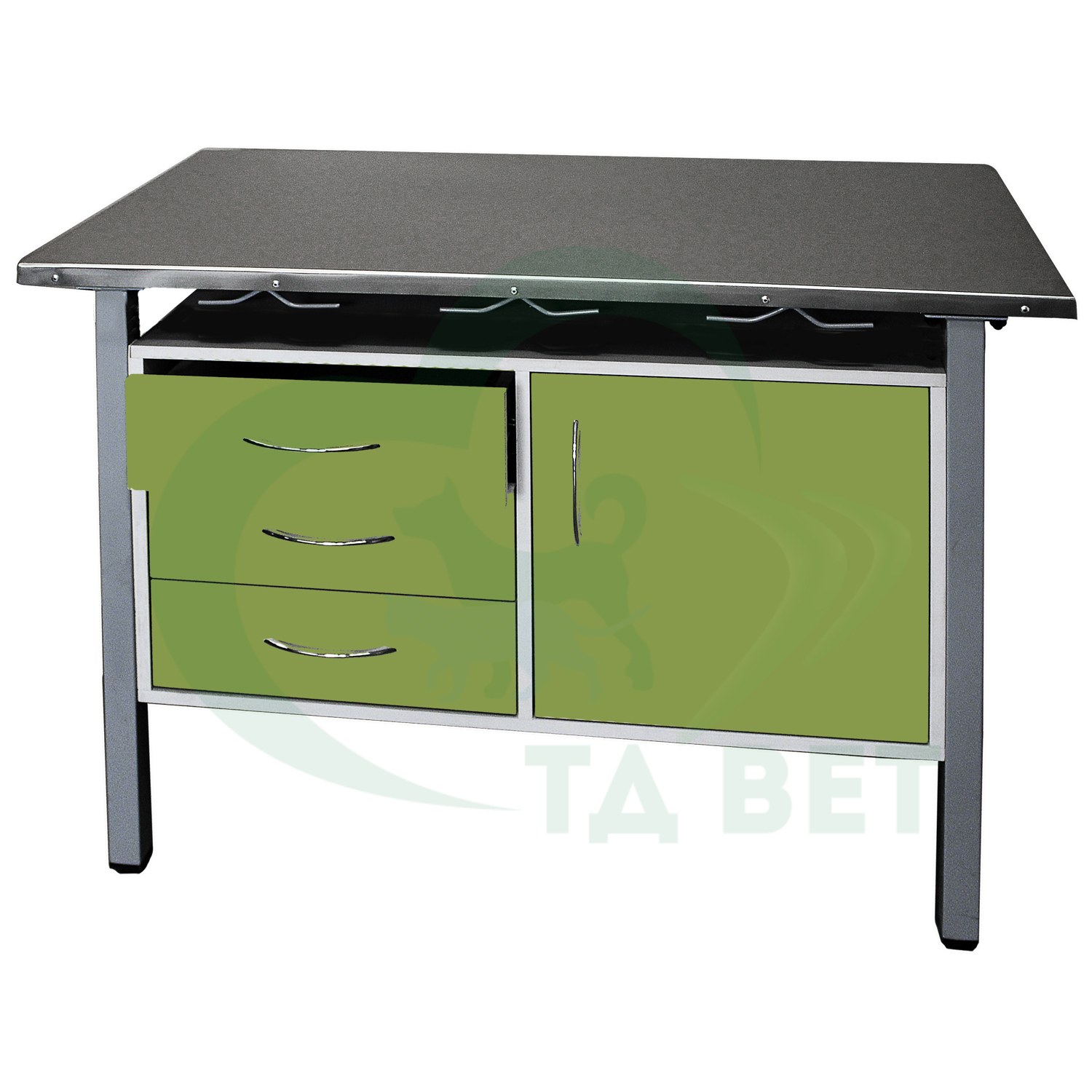 ТД ВЕТ Стол ветеринарный универсальный СВУ-3.08,столешница HPL (цвет серый-меланж) 1300х600х900 мм (фасад зеленый киви)