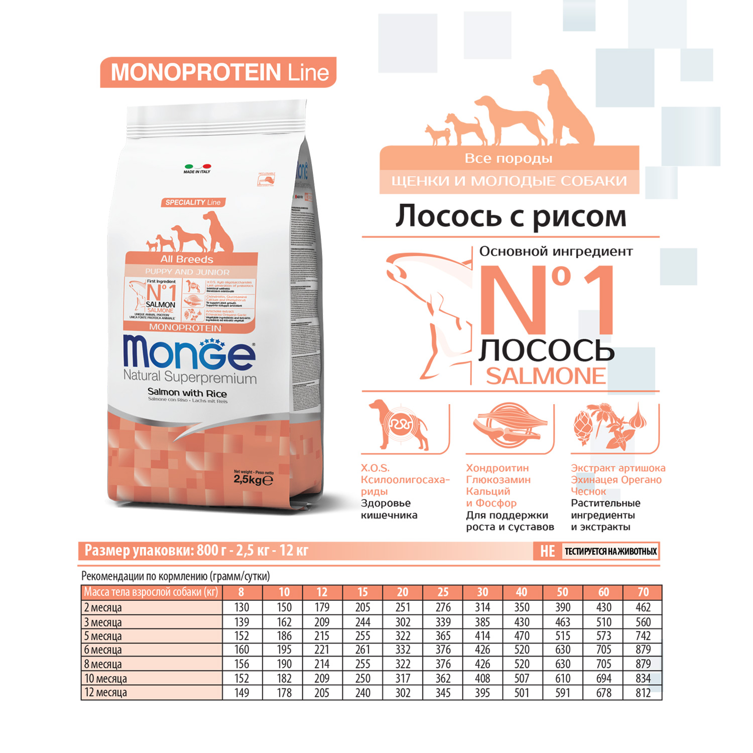 Сухой корм Monge Dog Speciality Line Monoprotein Puppy&Junior для щенков всех пород, из лосося с рисом 12 кг