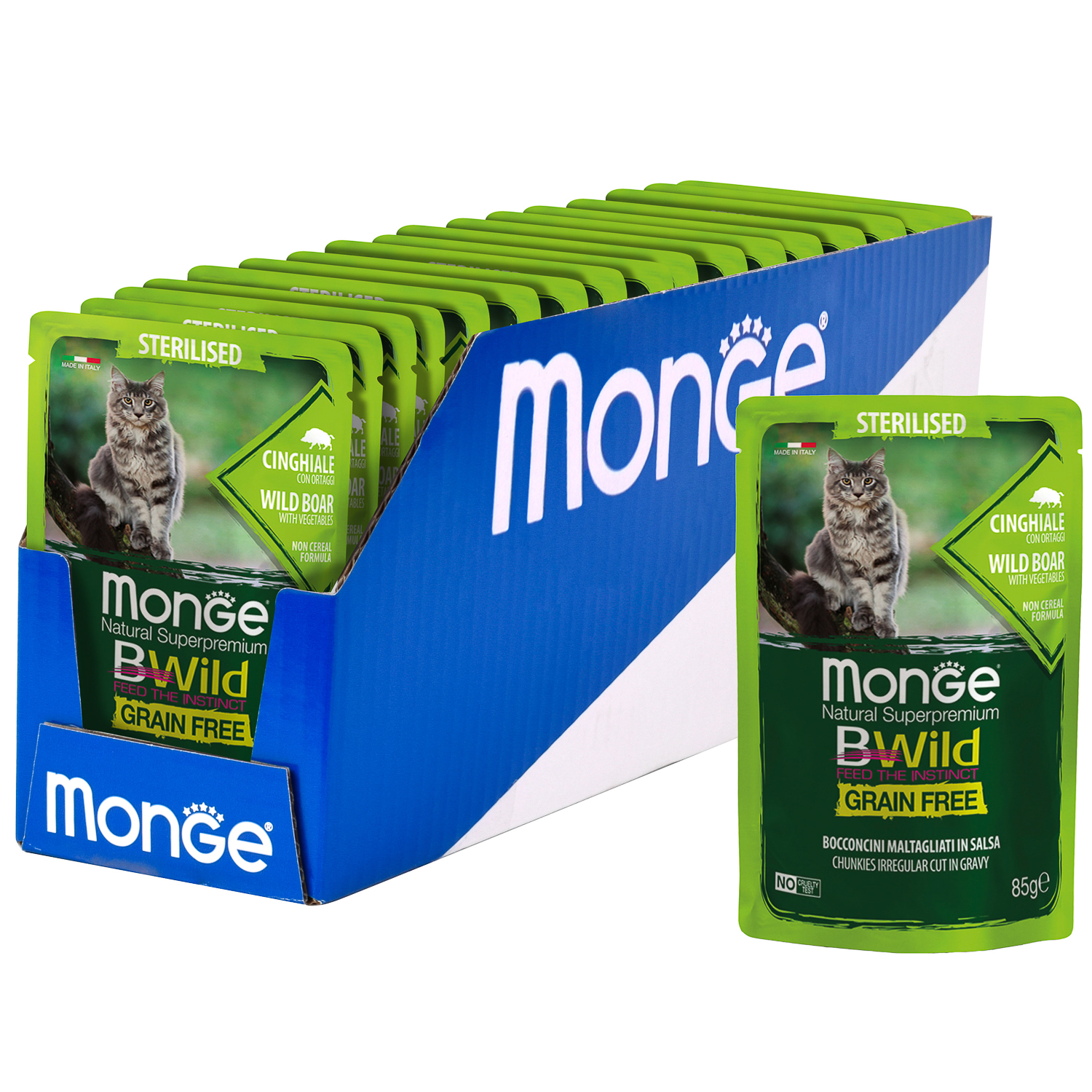 Влажный корм Monge Cat BWild GRAIN FREE для стерилизованных кошек, беззерновой, из мяса дикого кабана с овощами, паучи 85 г