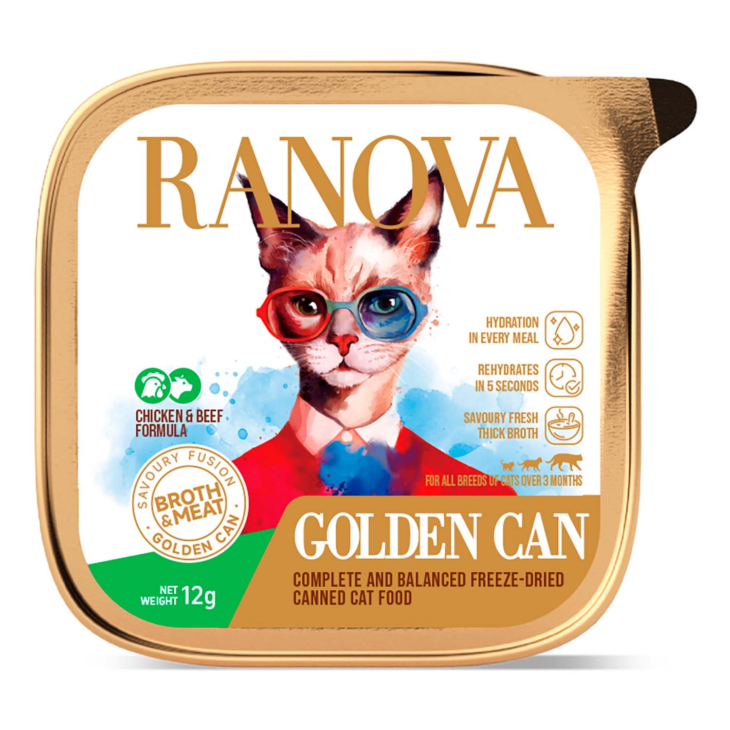 Полнорационный сухой (сублимированный) корм Ranova для кошек консервированный с курицей и говядиной, 12 г