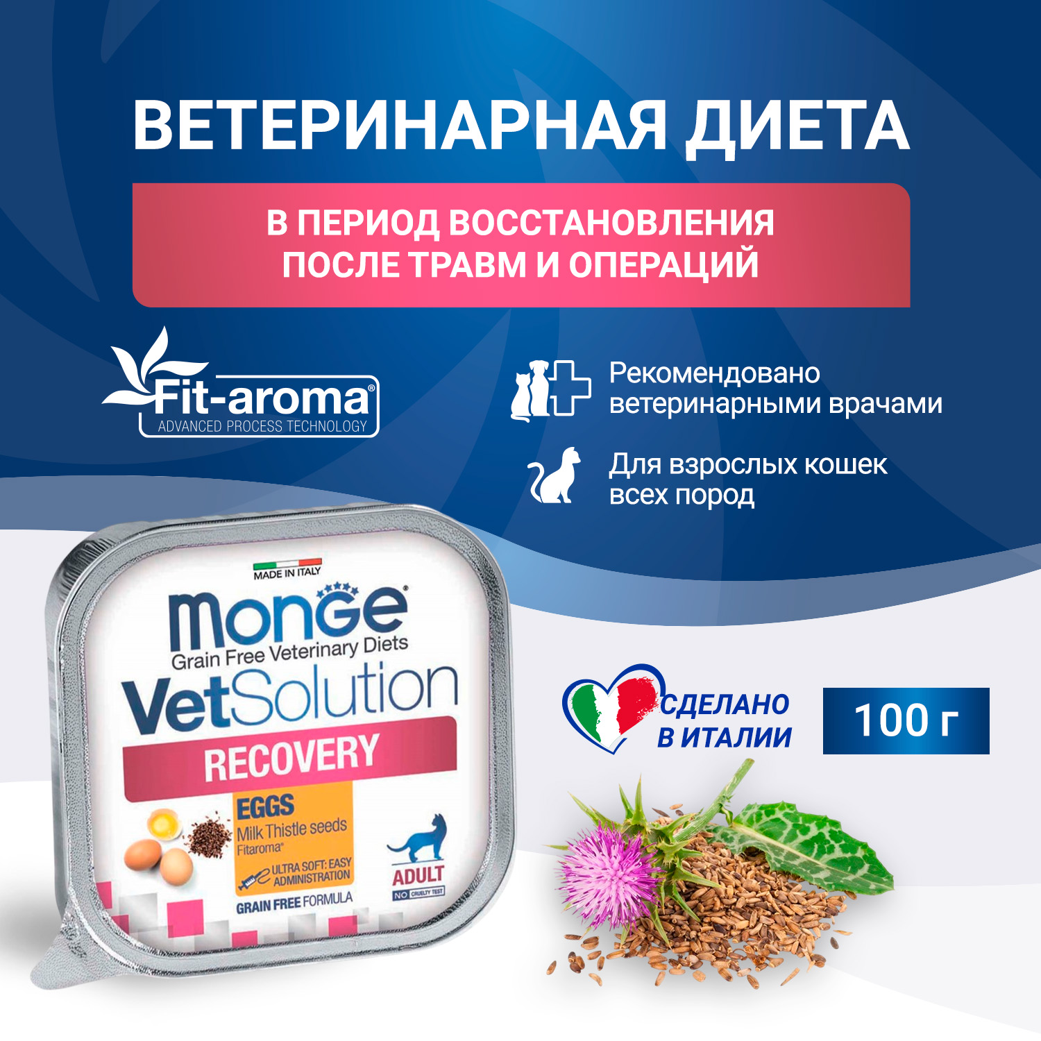 Диетический корм Monge VetSolution Cat Recovery Рекавери для кошек при восстановлении питания в период выздоровления 100 г