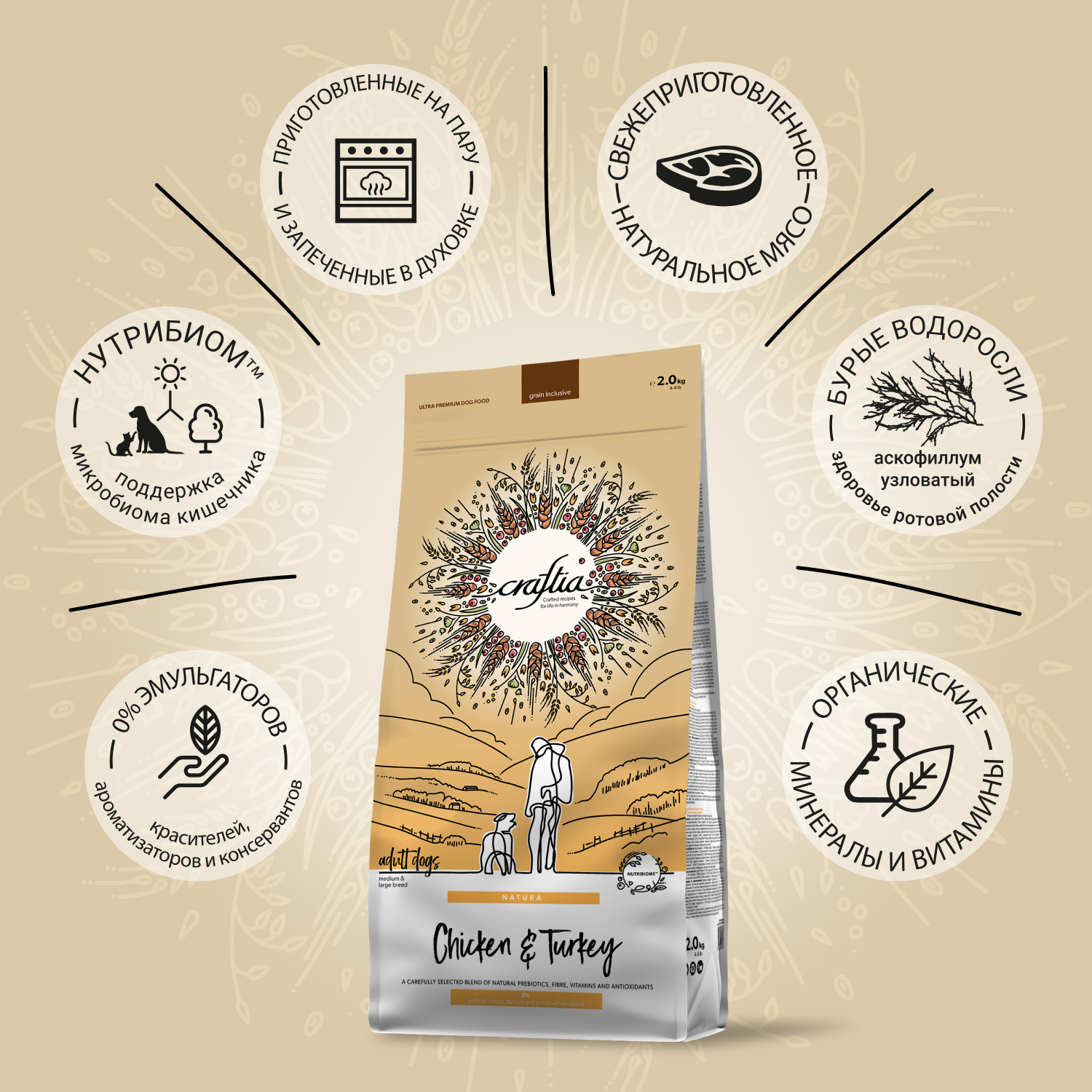 Сухой корм CRAFTIA NATURA для взрослых собак средних и крупных пород из курицы и индейки 2 кг