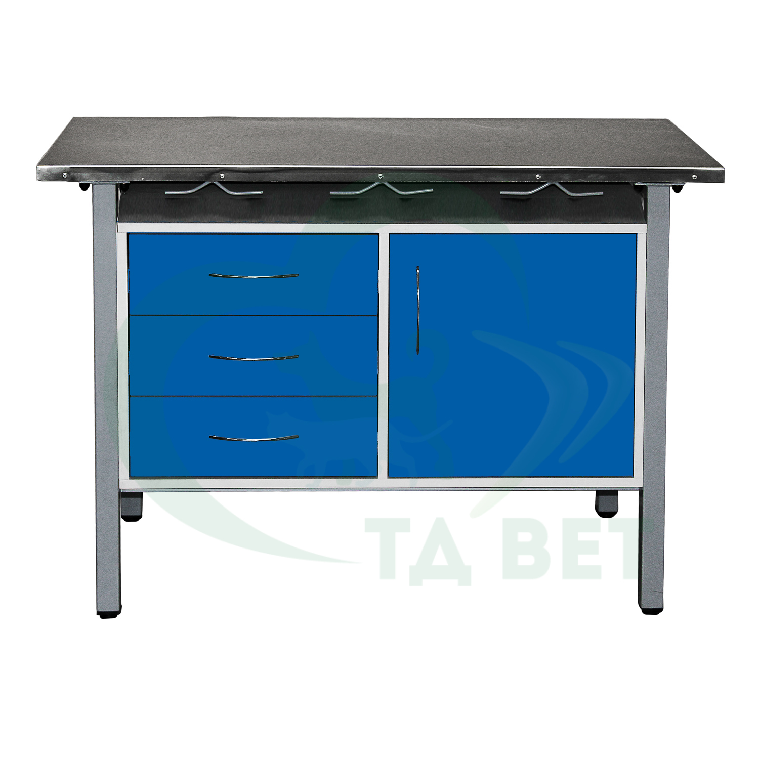 ТД ВЕТ Стол ветеринарный универсальный СВУ-3.08,столешница HPL (цвет серый-меланж) 1300х600х900 мм (фасад делфт-голубой)