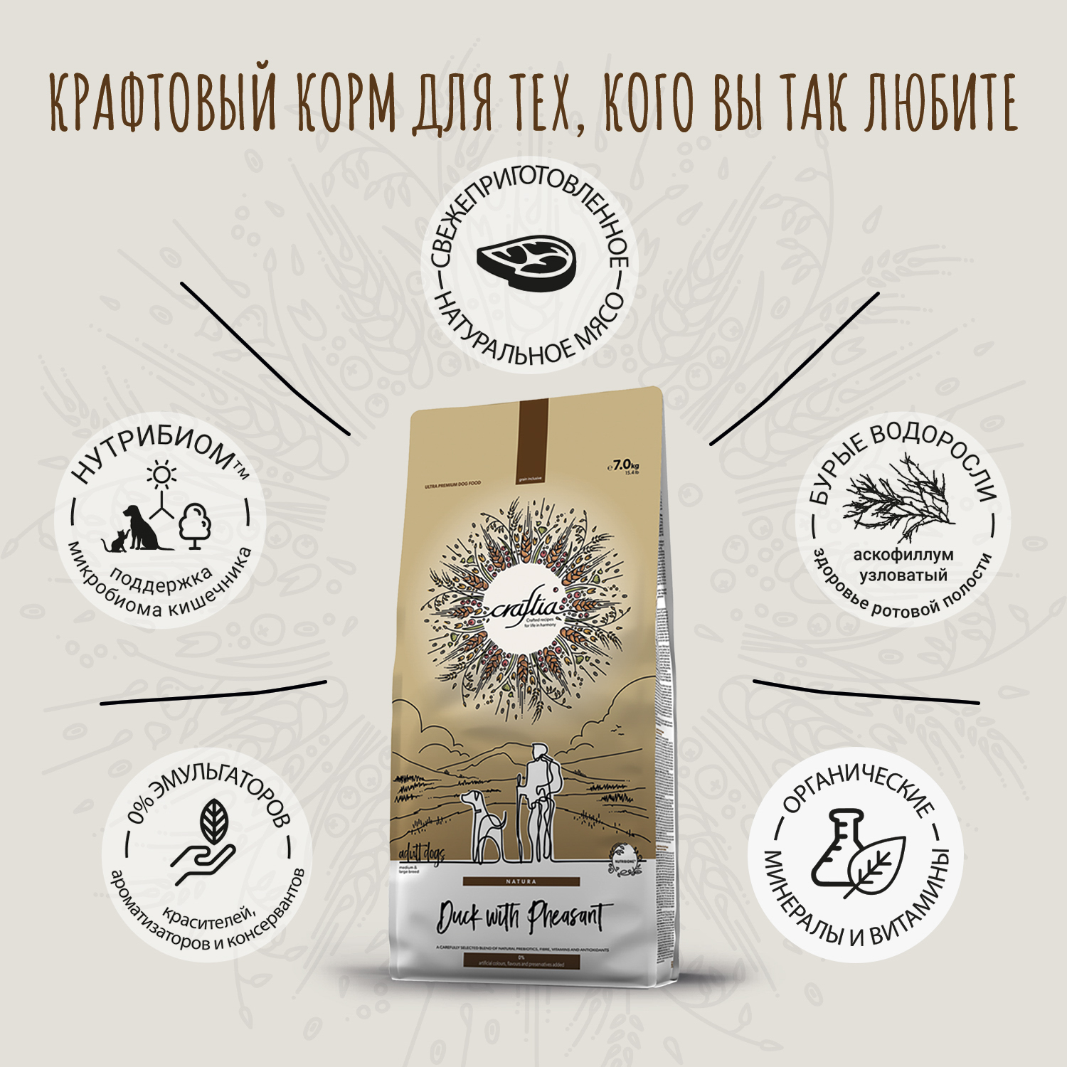 Сухой корм CRAFTIA NATURA для взрослых собак средних и крупных пород из утки с фазаном 7 кг
