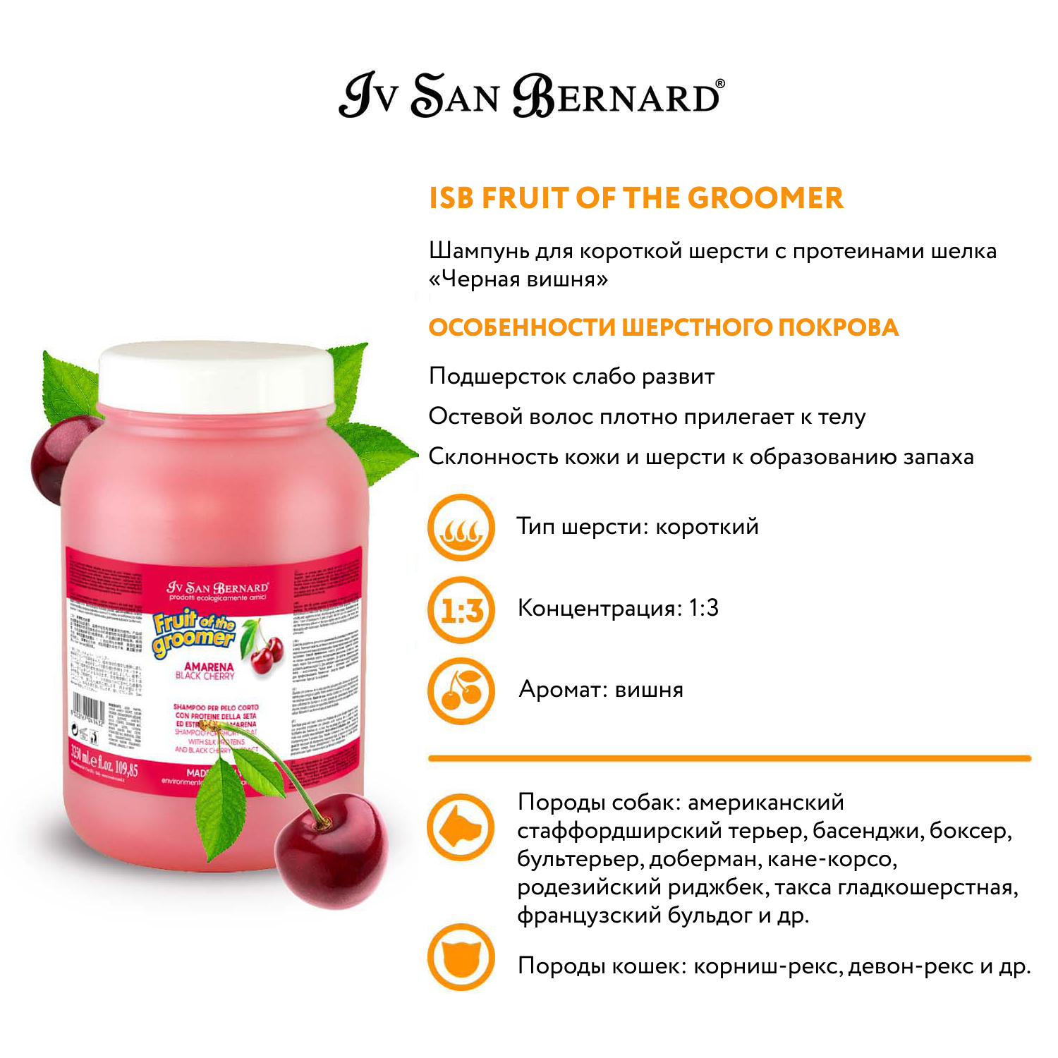 ISB Fruit of the Groomer Black Cherry Шампунь для короткой шерсти с протеинами шелка 3,25 л СКИДКА 40%