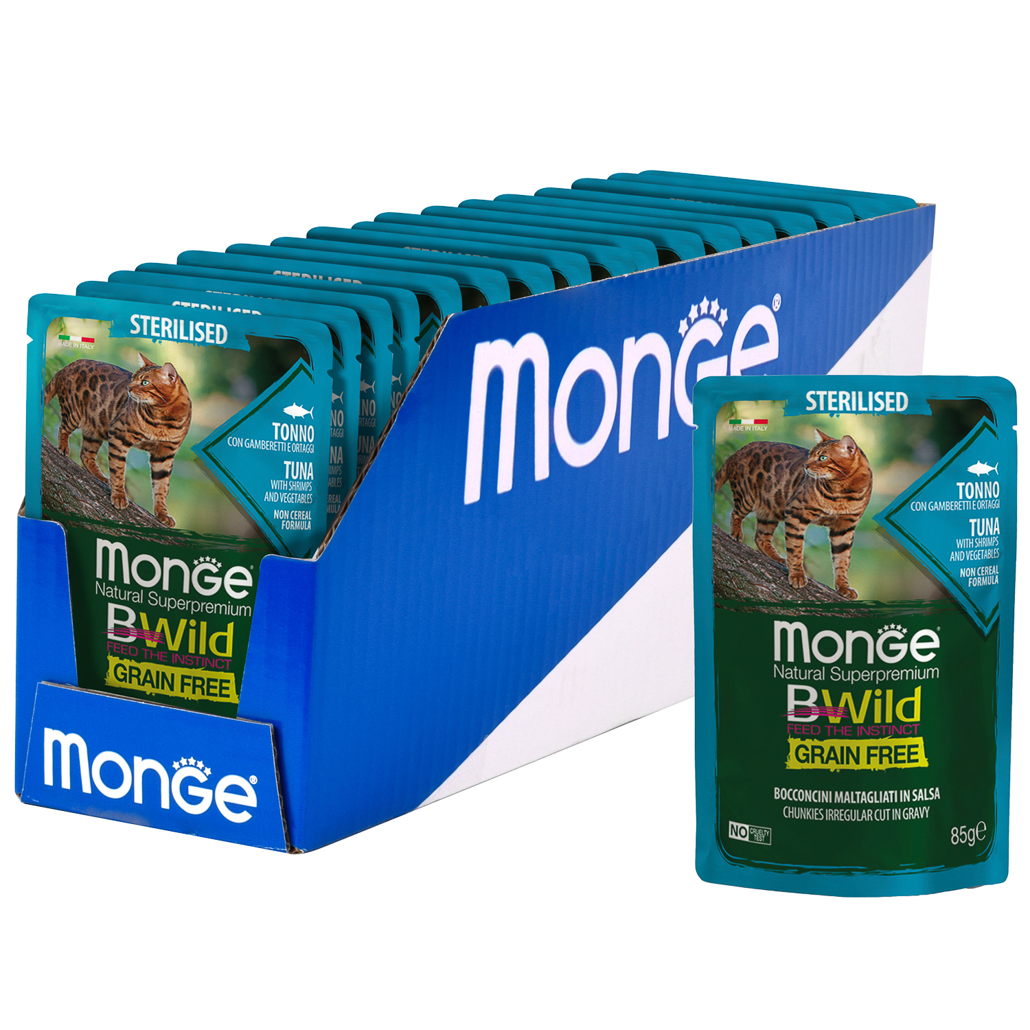 Влажный корм Monge Cat BWild GRAIN FREE для стерилизованных кошек, беззерновой, из тунца с креветками и овощами, паучи 85 г