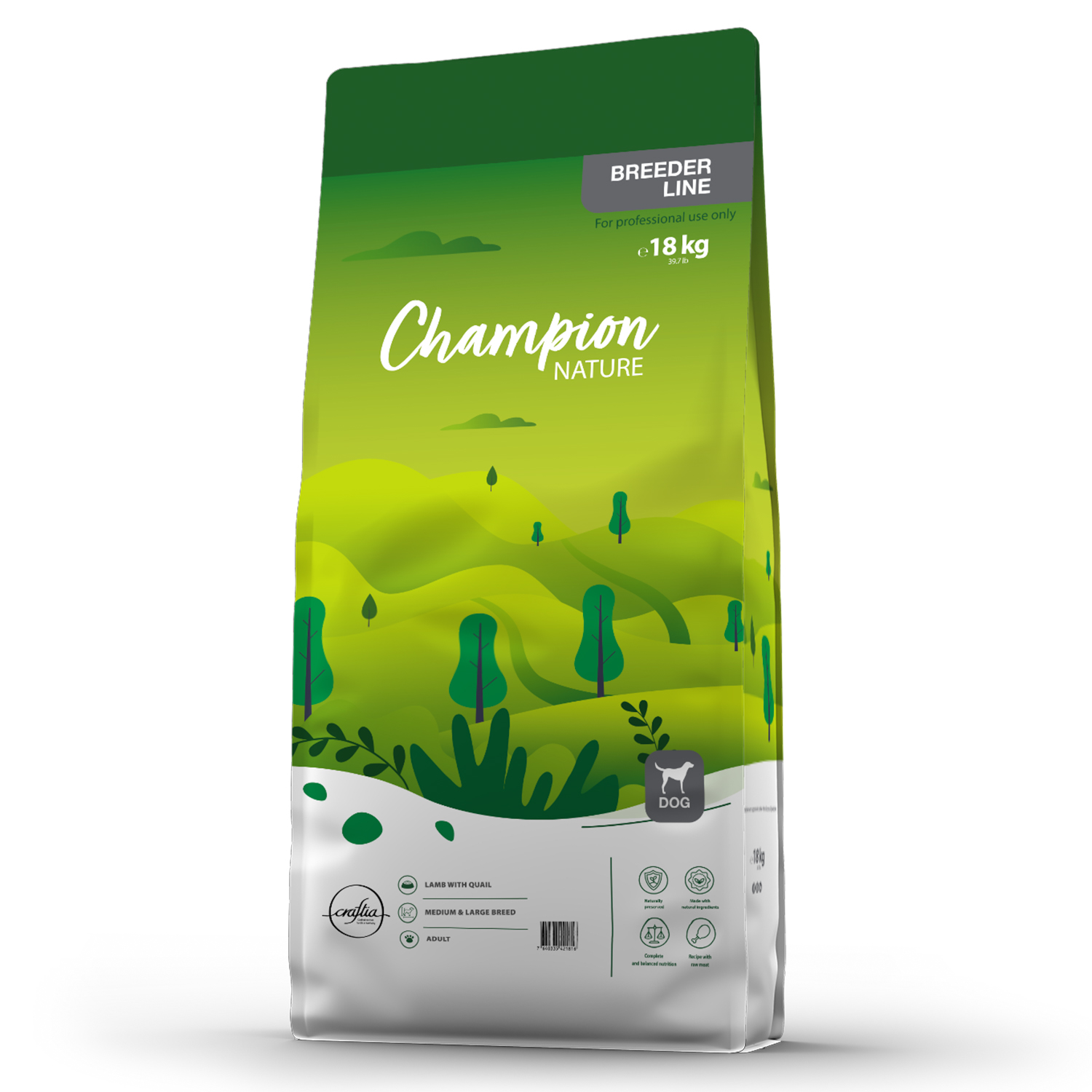 Сухой корм CRAFTIA CHAMPION NATURE ULTRA для взрослых собак средних и крупных пород из ягненка с перепелкой 18 кг