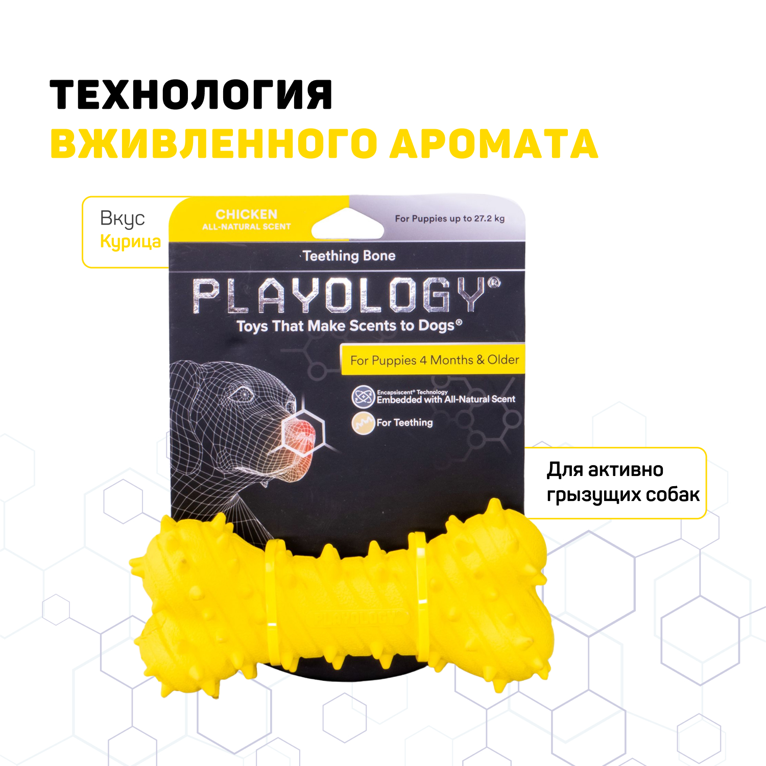 Playology дентальная жевательная косточка PUPPY TEETHING BONE для щенков 4-8 месяцев с ароматом курицы, цвет желтый СКИДКА 50%