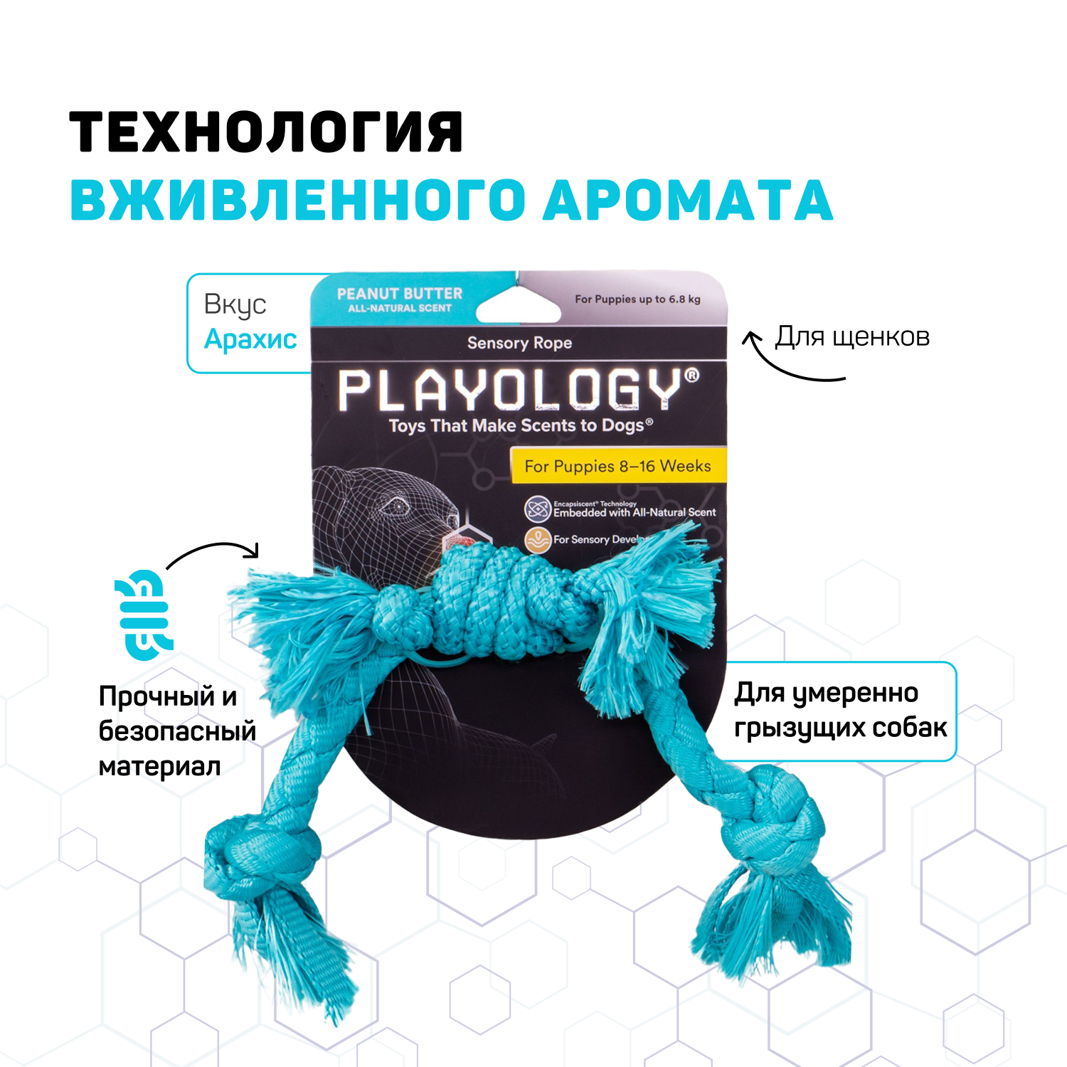 Playology сенсорный канат PUPPY SENSORY ROPE для щенков мелких и средних пород 8-16 недель с ароматом арахиса, цвет голубой СКИДКА 50%