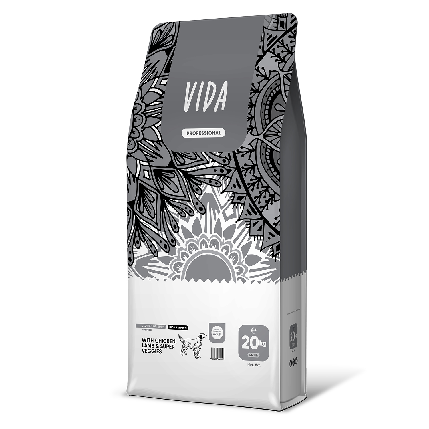 Сухой корм VIDA PROFESSIONAL HIGH PREMIUM для активных взрослых собак средних и крупных пород из курицы с ягненком и овощами 20 кг