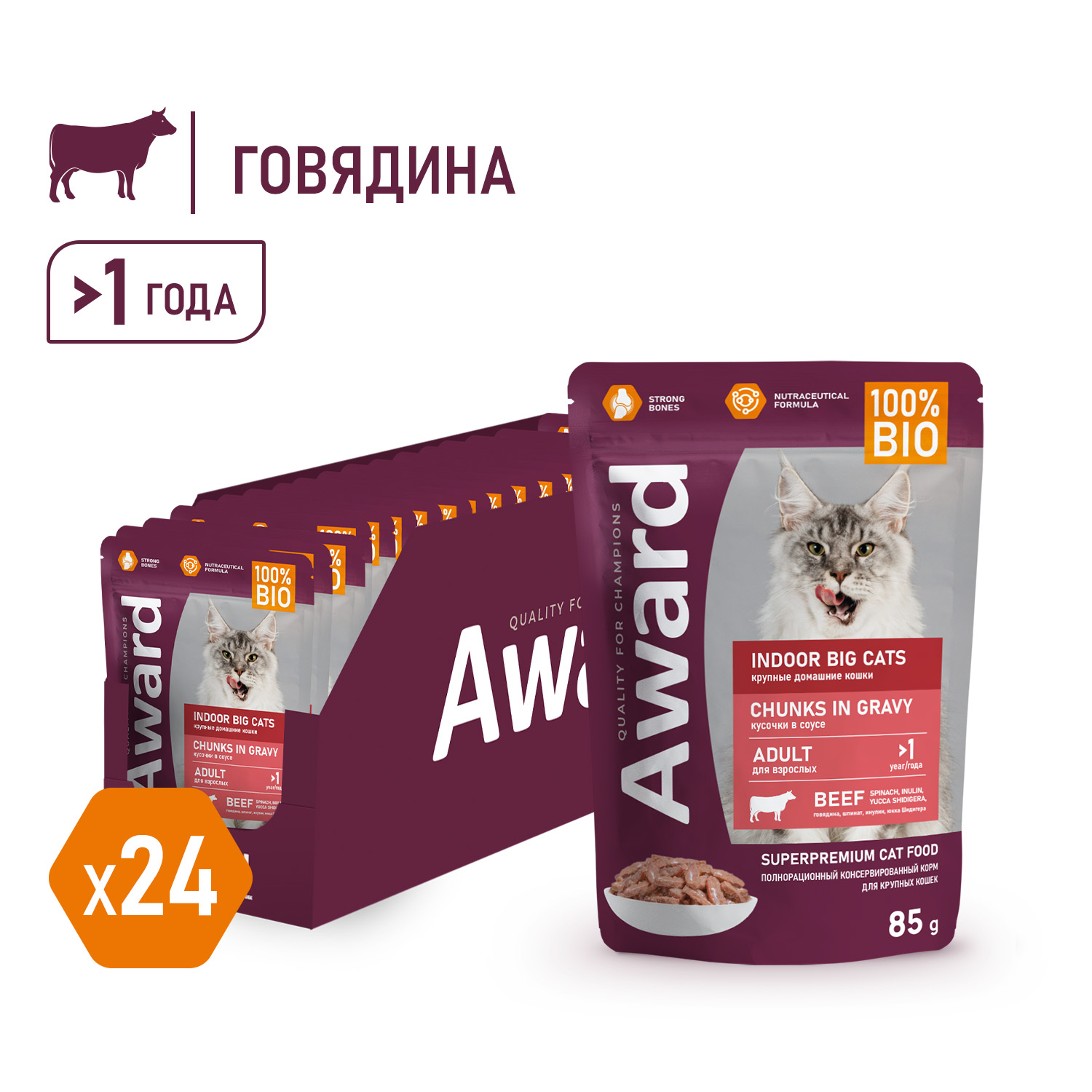 Влажный корм AWARD Indoor big cats для взрослых домашних кошек крупных пород кусочки в соусе с говядиной 85г