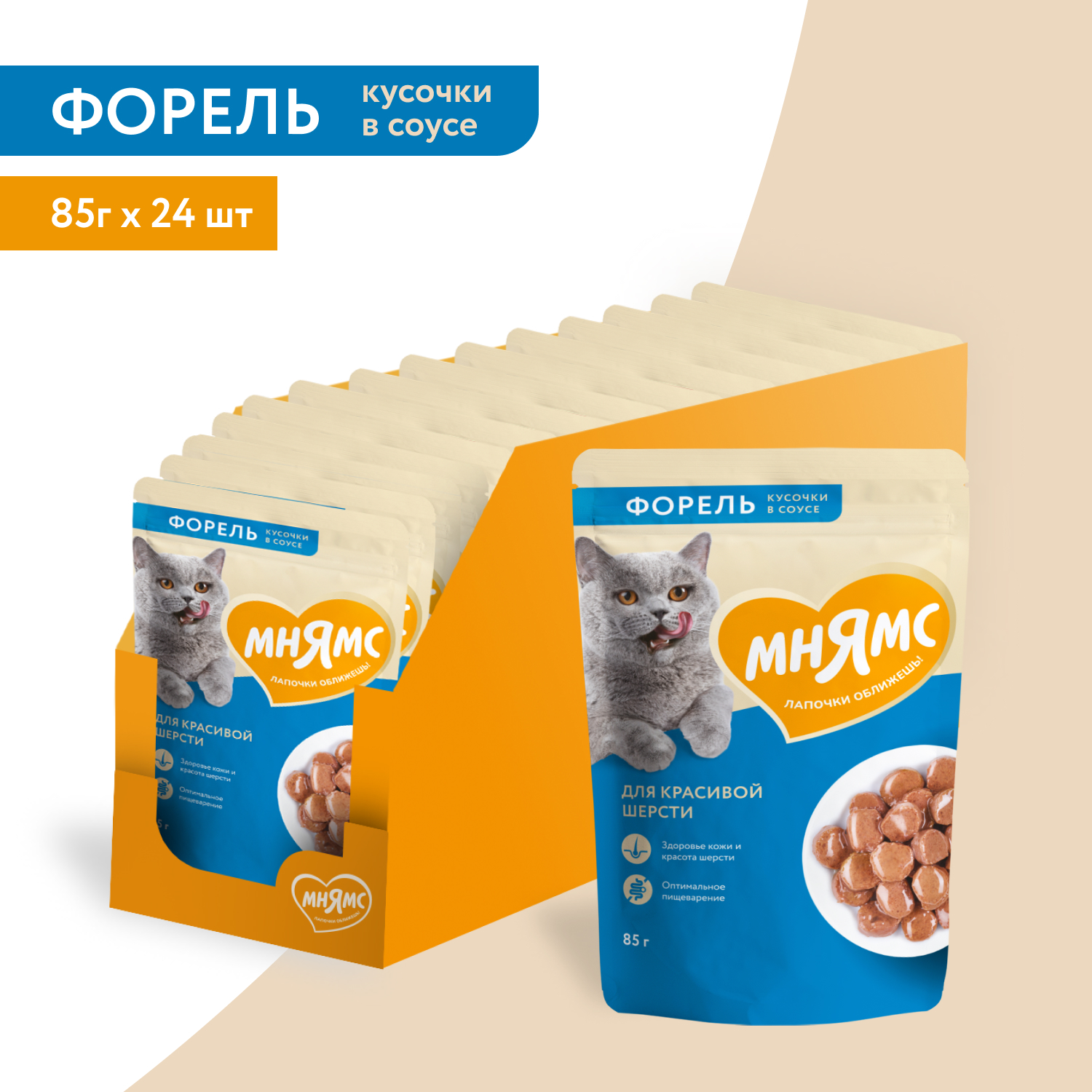 Влажный корм Мнямс На каждый день Кусочки в соусе с форелью для красивой шерсти кошек 85 г