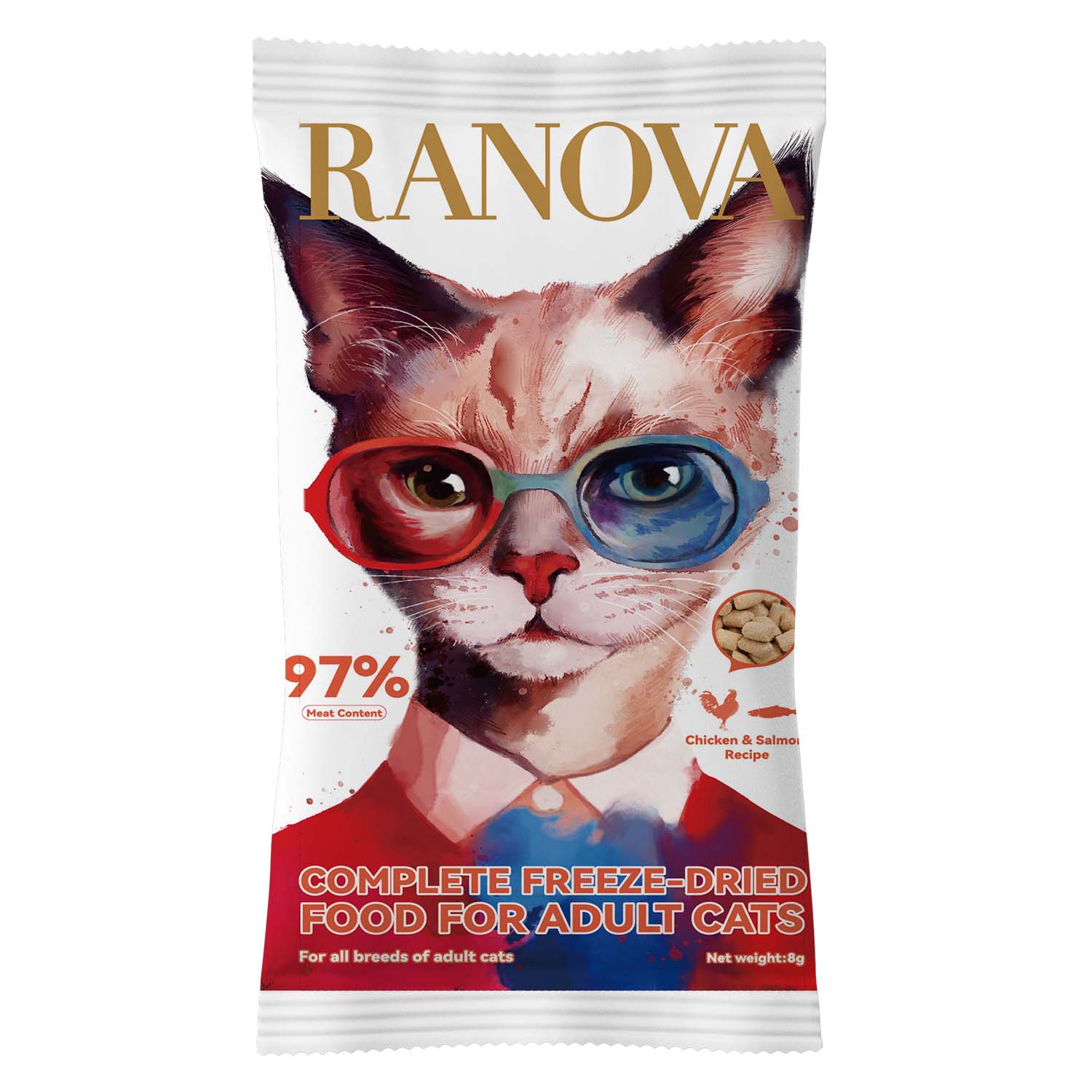 Полнорационный сухой (сублимированный) корм Ranova для кошек с курицей и лососем, 8 г