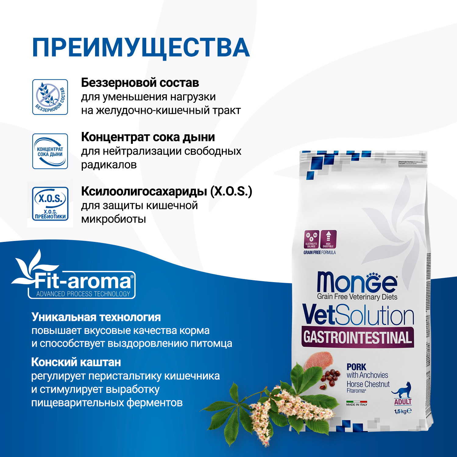 Диетический корм Monge VetSolution Cat Gastrointestinal гастро интестинал для кошек при заболеваниях ЖКТ 1,5 кг