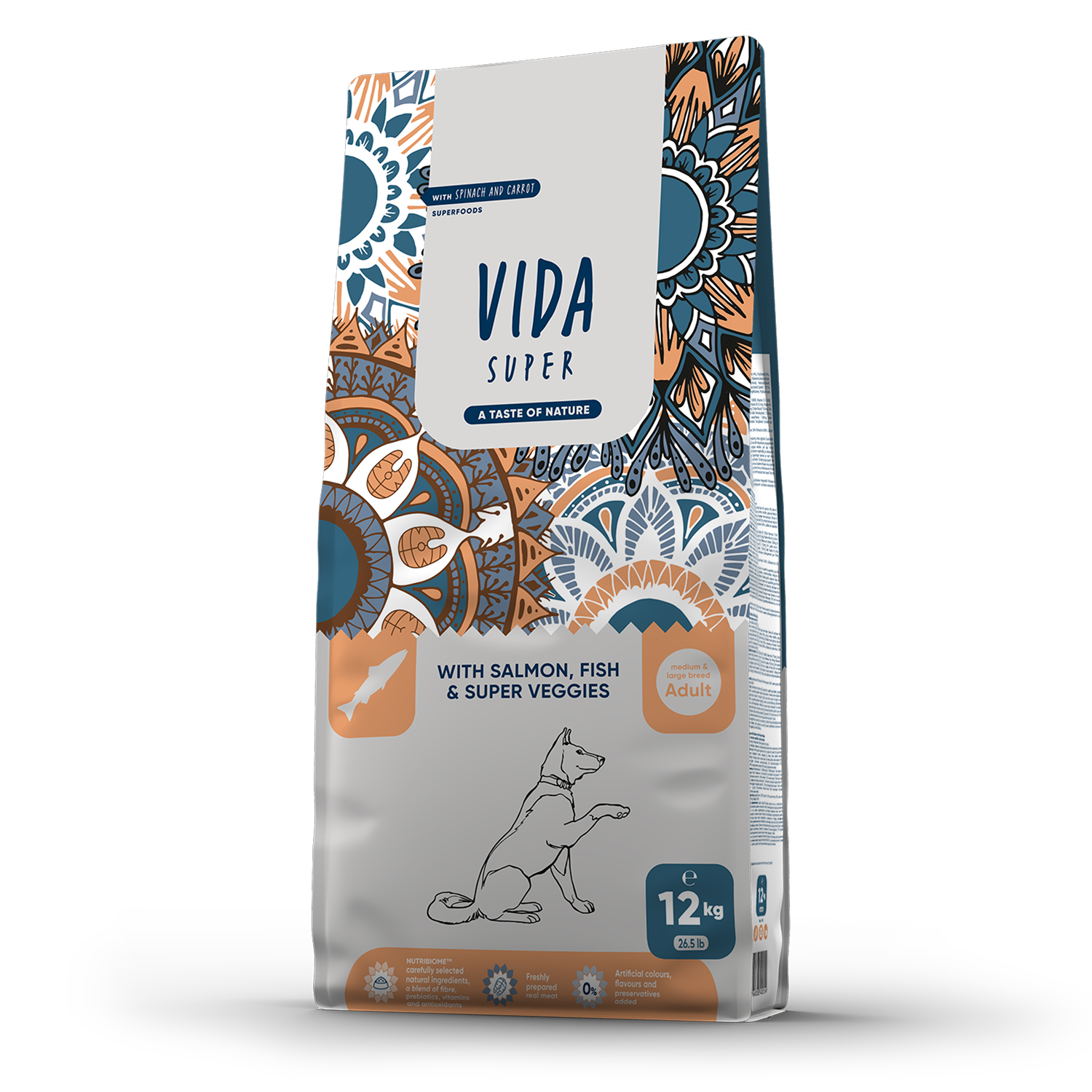 Сухой корм VIDA SUPER для взрослых собак средних и крупных пород из лосося и рыбы с овощами 12 кг