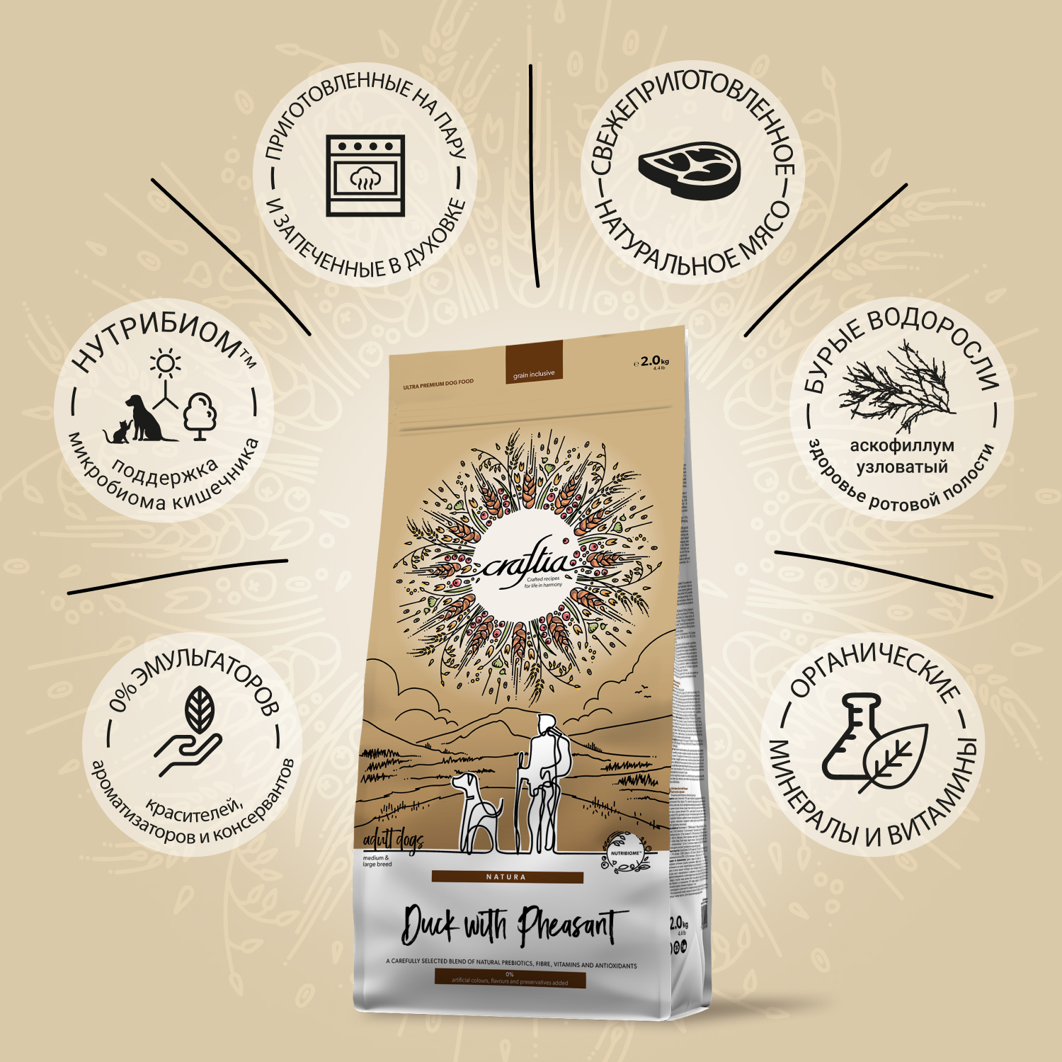 Сухой корм CRAFTIA NATURA для взрослых собак средних и крупных пород из утки с фазаном 2 кг
