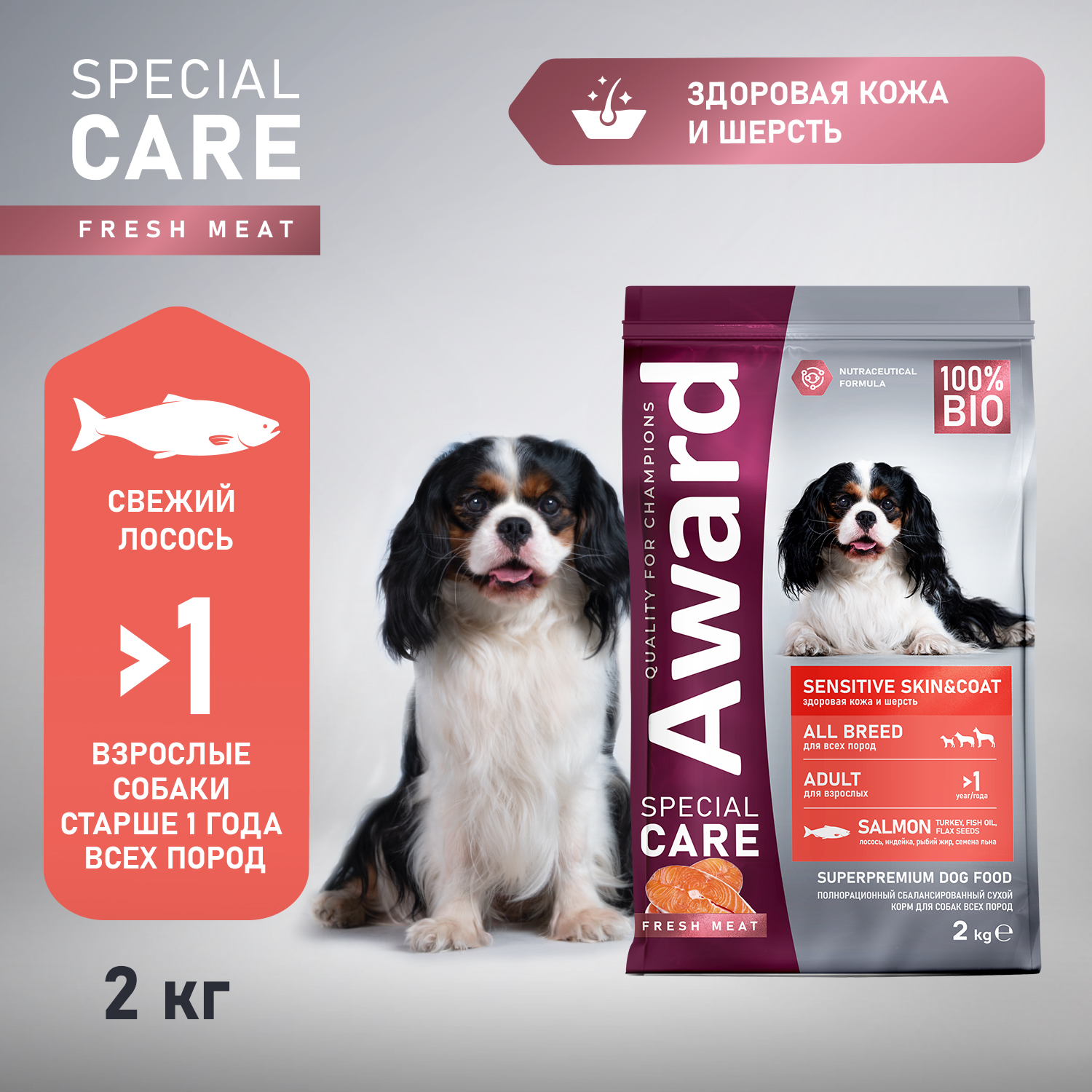 Сухой корм AWARD SPECIAL CARE Sensitive Skin&Coat для взрослых собак всех пород для здоровой кожи и шерсти со свежим лососем 2кг