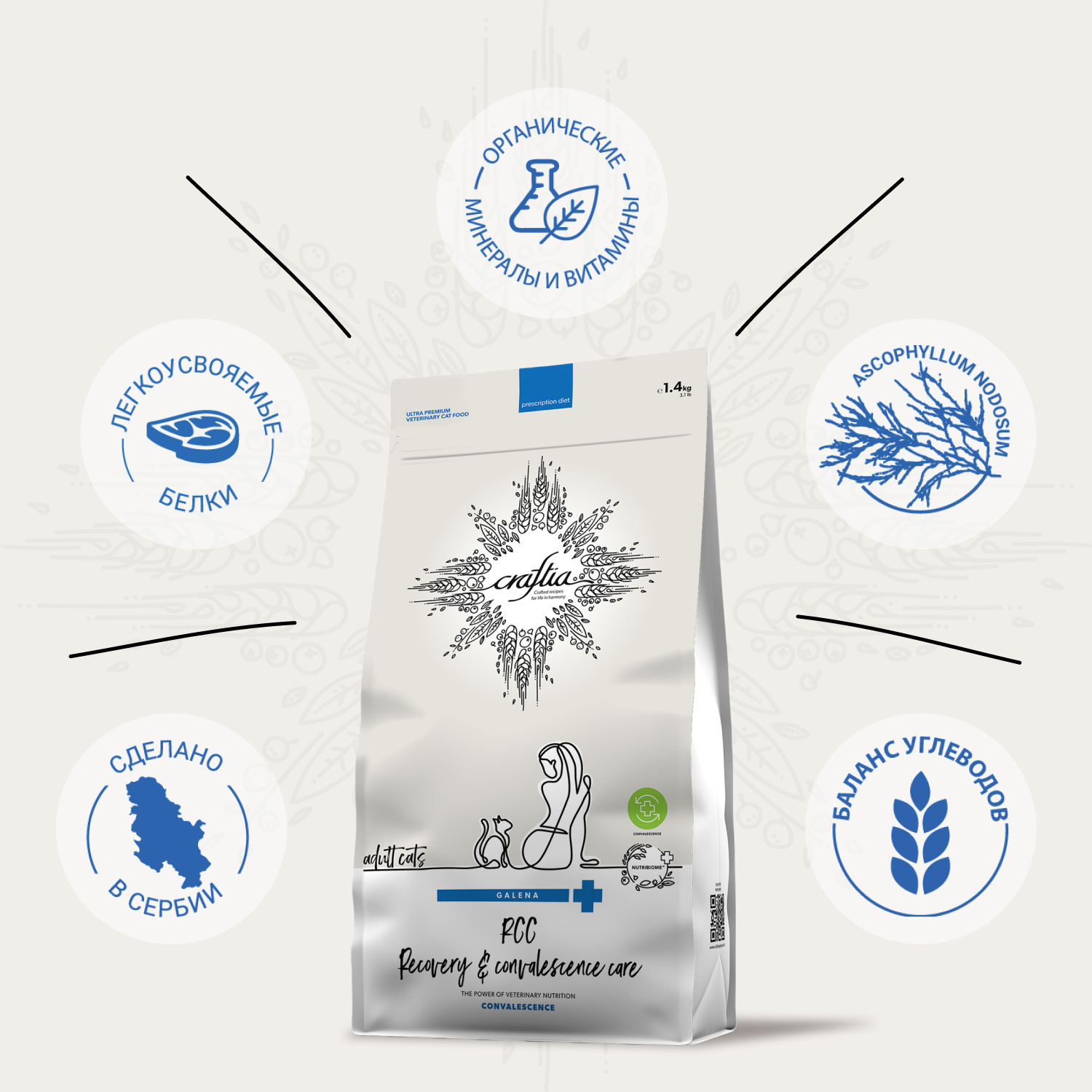 Ветеринарная диета CRAFTIA GALENA CAT RECOVERY&CONVALESCENCE CARE Рекавери энд Конвалесенс д/кошек поддерж. в период восстановления/реабилитации 1,4кг