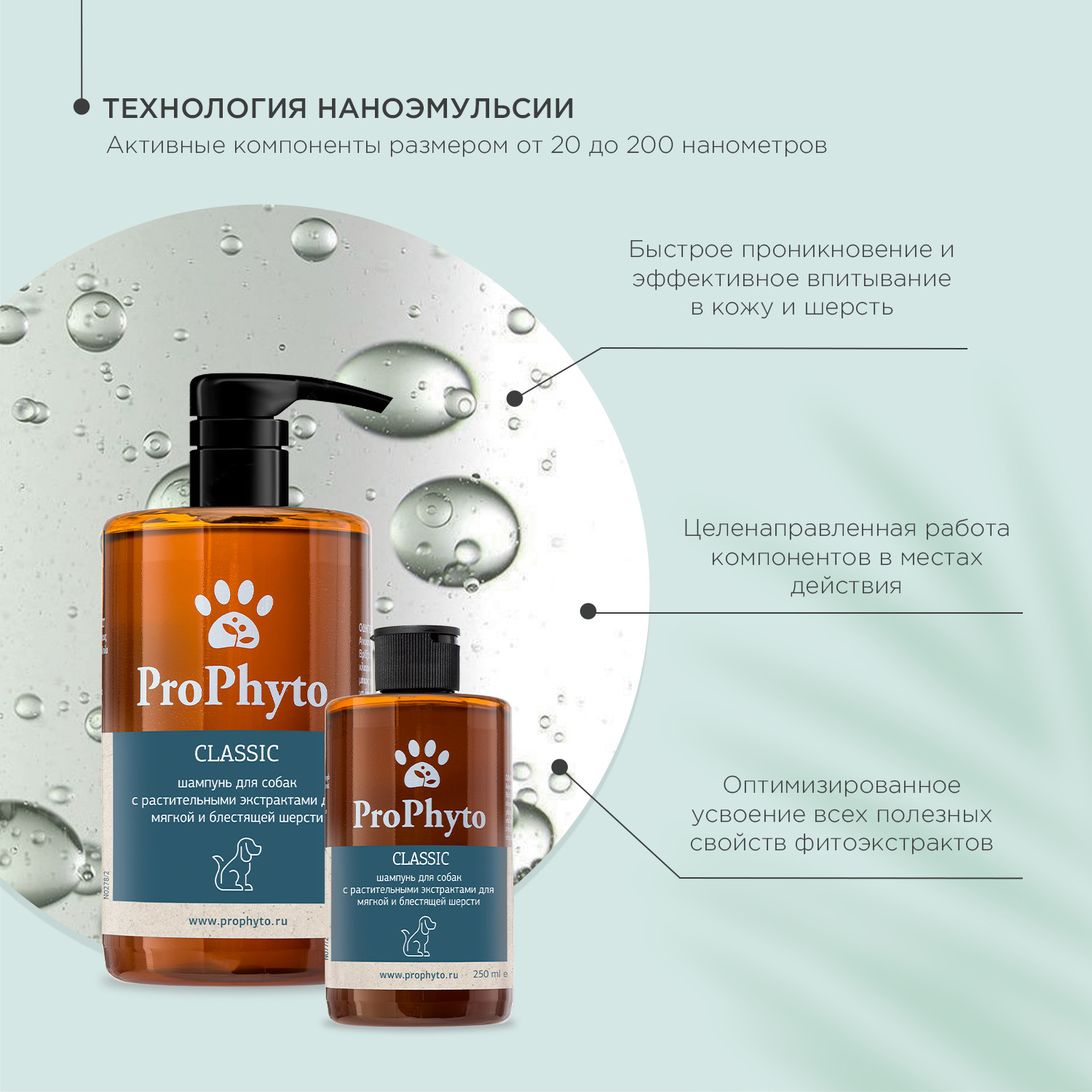 Жидкий шампунь ProPhyto CLASSIC SHAMPOO с растительными экстрактами для блеска и мягкости шерсти собак, 250 мл