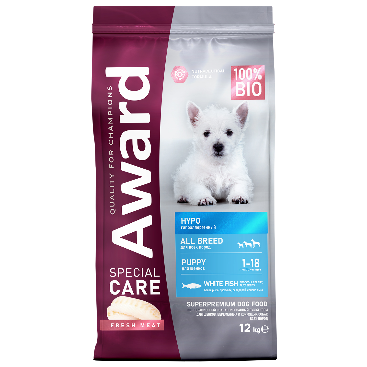 Сухой корм AWARD SPECIAL CARE HYPO PUPPY со свежей белой рыбой для щенков от 1 мес., беременных и кормящих собак всех пород, склонных к аллергии 12кг