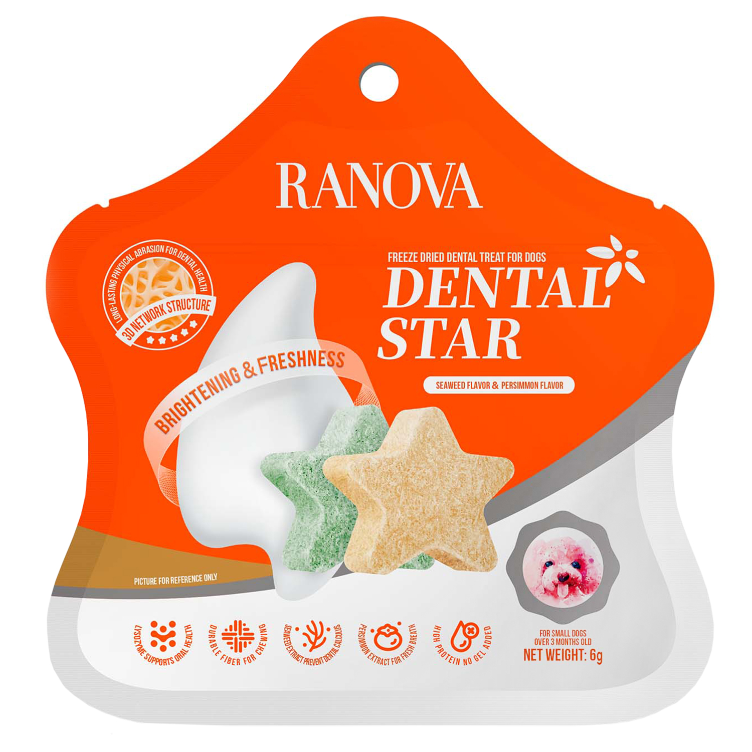 Лакомство Ranova для собак сублимированное Звёздочка для зубов микс вкусов: с курицей и морскими водорослями или с курицей и хурмой, 6 г