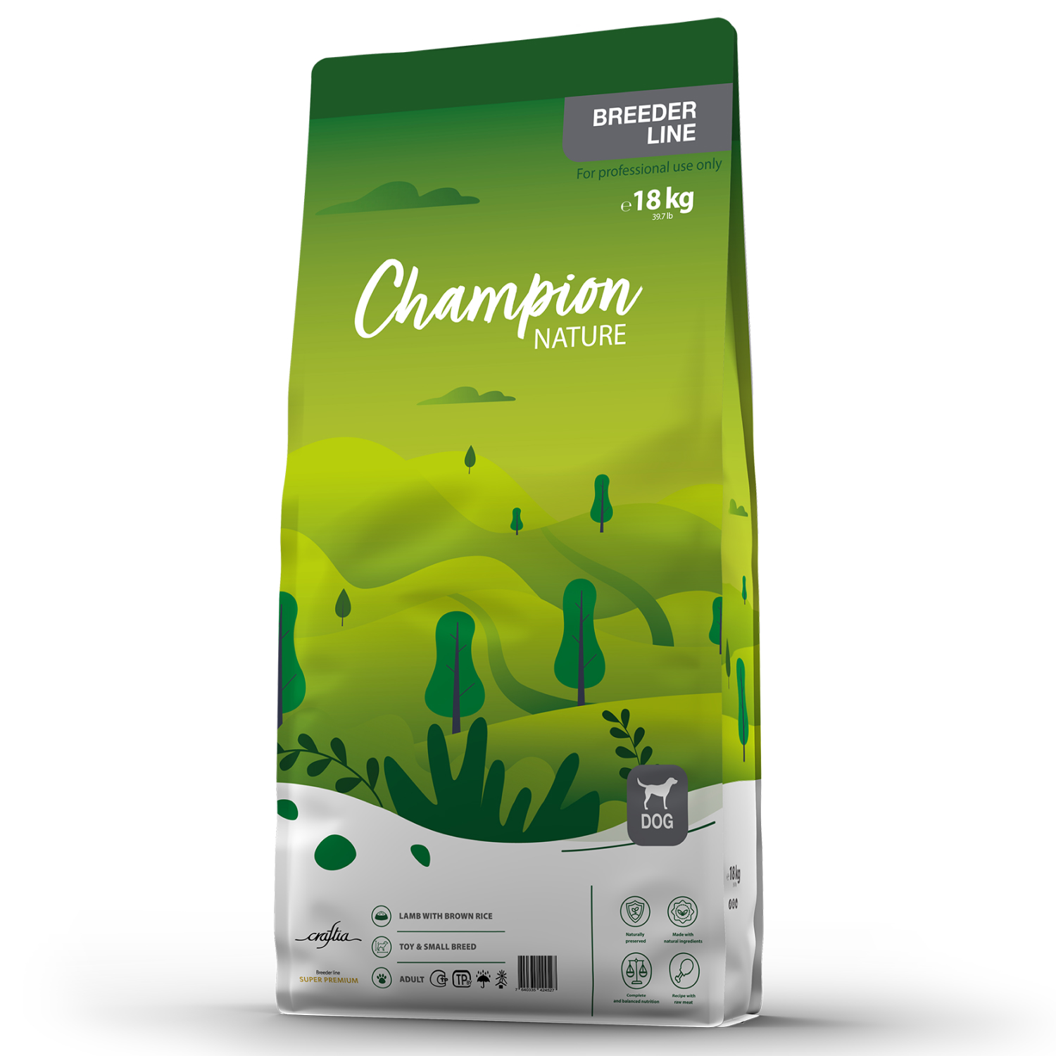 Сухой корм CRAFTIA CHAMPION NATURE SUPER для взрослых собак миниатюрных и мелких пород из ягненка с бурым рисом 18 кг