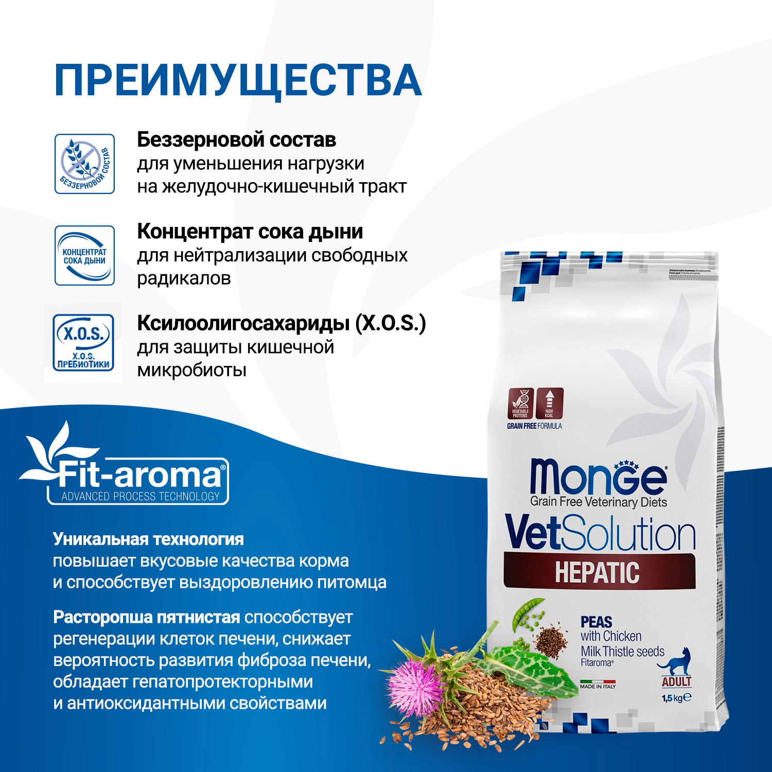 Диетический корм Monge VetSolution Cat Hepatic Гепатик для кошек при заболеваниях печени 1,5 кг