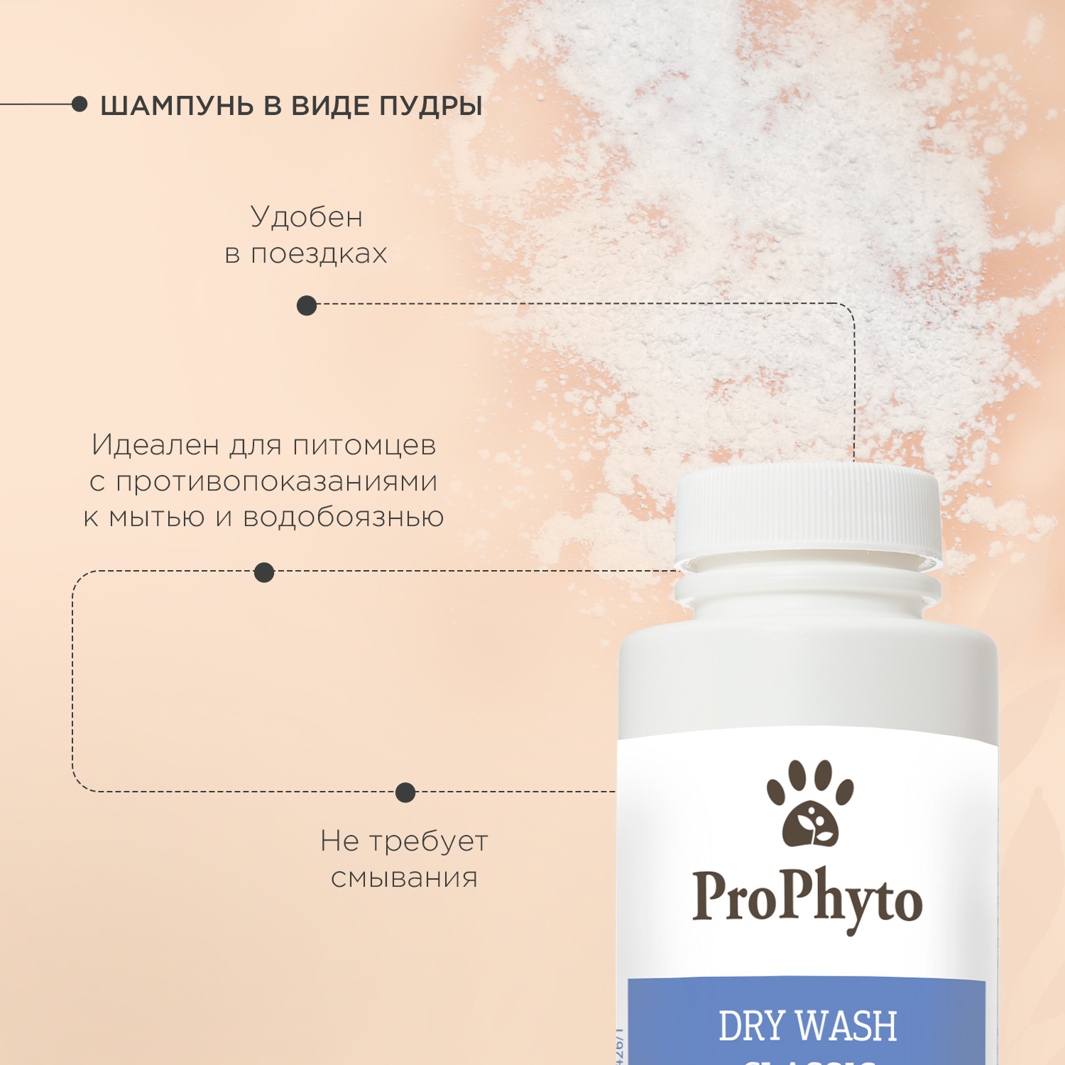 Сухой шампунь ProPhyto DRY WASH CLASSIC (порошок)  для блеска и мягкости шерсти собак, 100 г