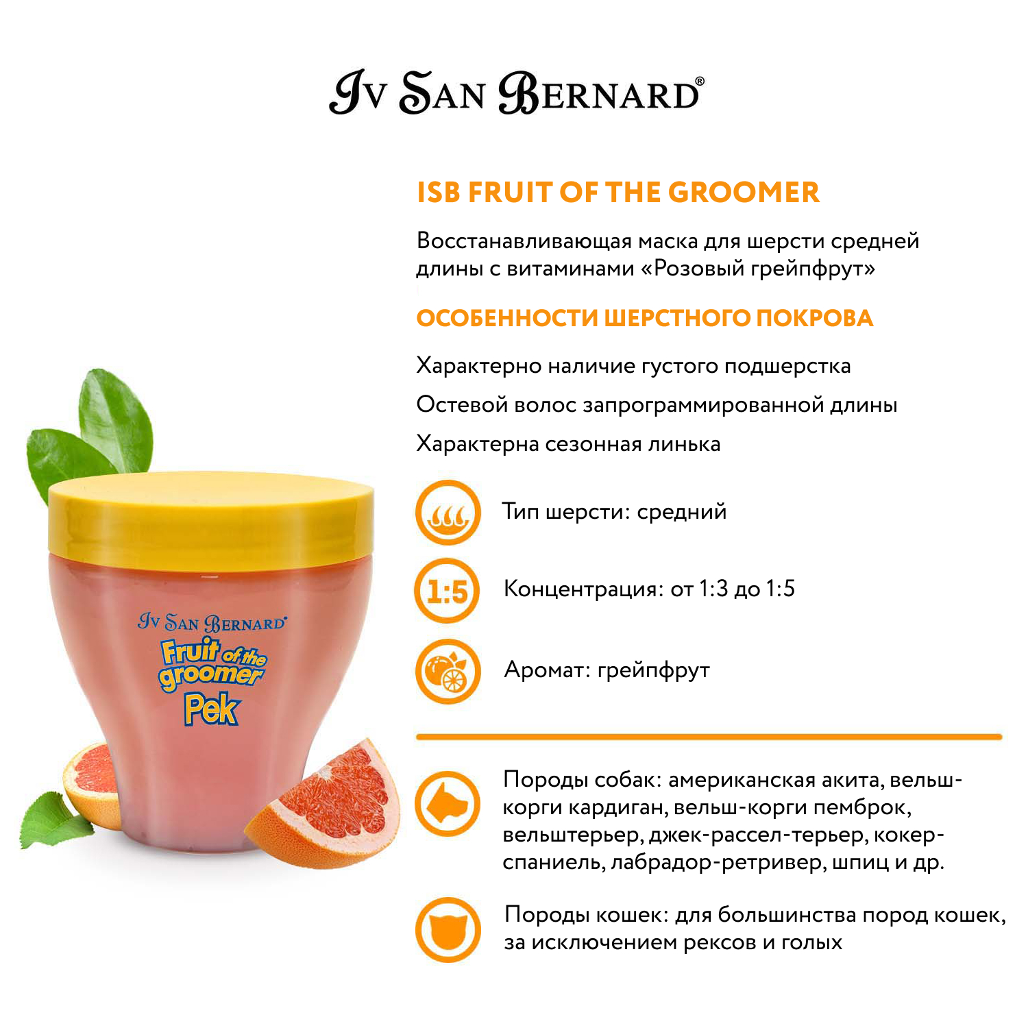 ISB Fruit of the Groomer Pink Grapefruit Восстанавливающая маска для шерсти средней длины с витаминами 250 мл