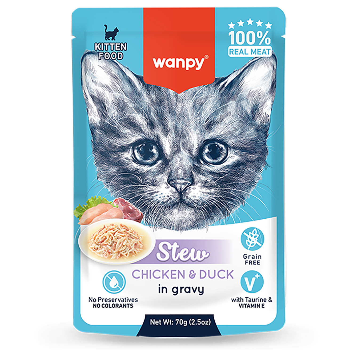 Wanpy Cat Дополнительный консервированный корм пауч для котят нежное рагу из курицы и утки 70 г