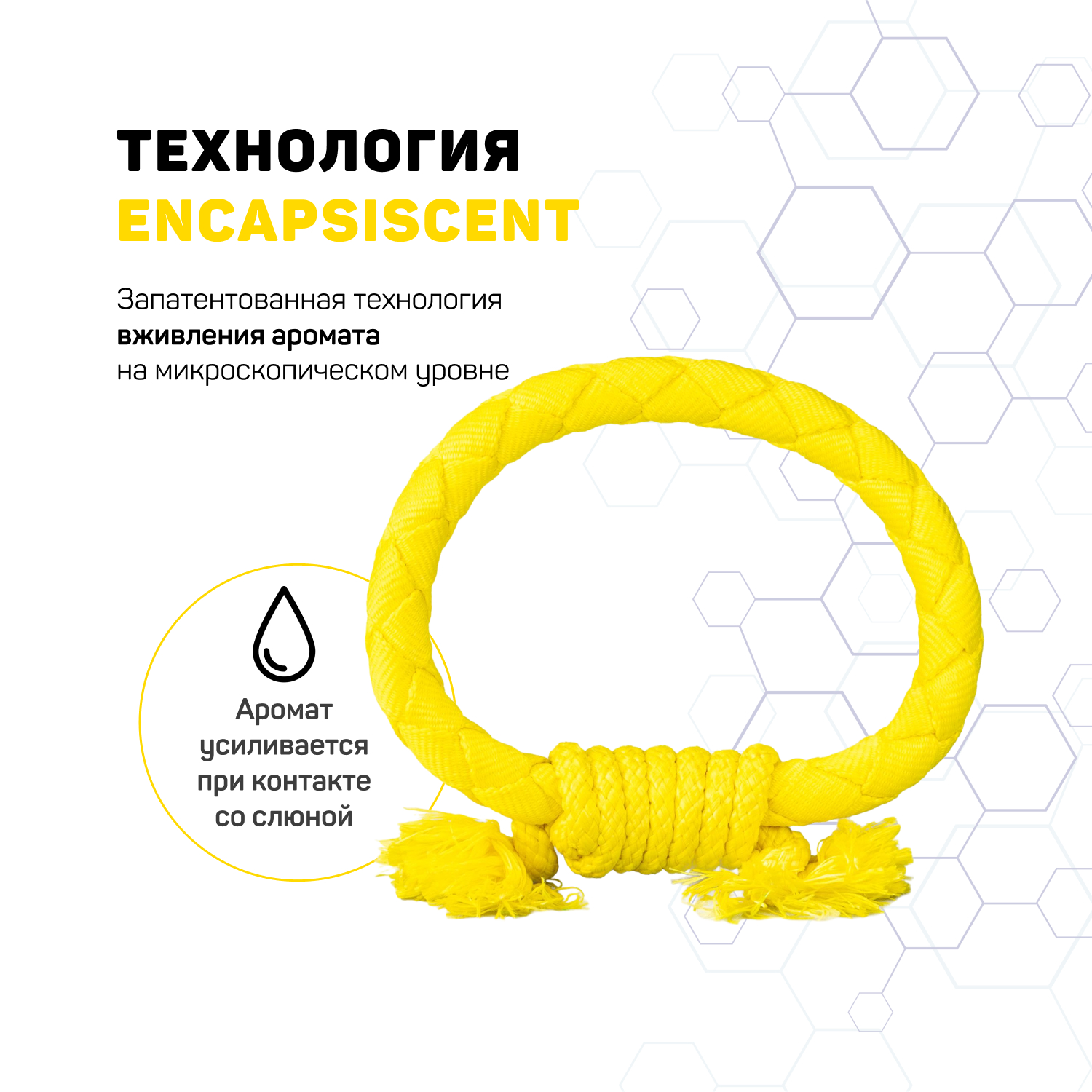 Playology  жевательное кольцо-канат DRI-TECH RING для собак средних и крупных пород с ароматом курицы, цвет желтый СКИДКА 50%
