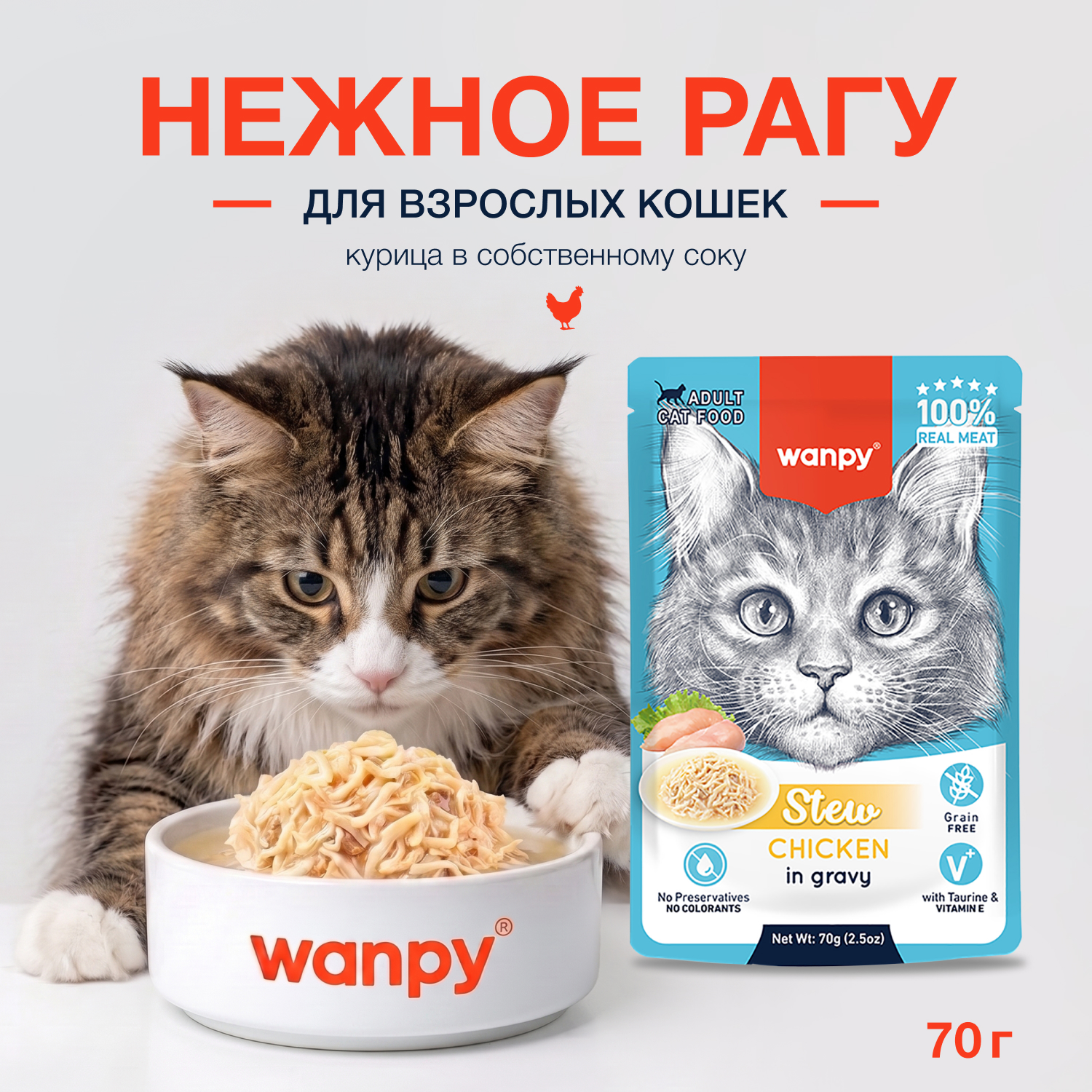 Wanpy Cat Дополнительный консервированный корм пауч для кошек курица в собственному соку 70 г