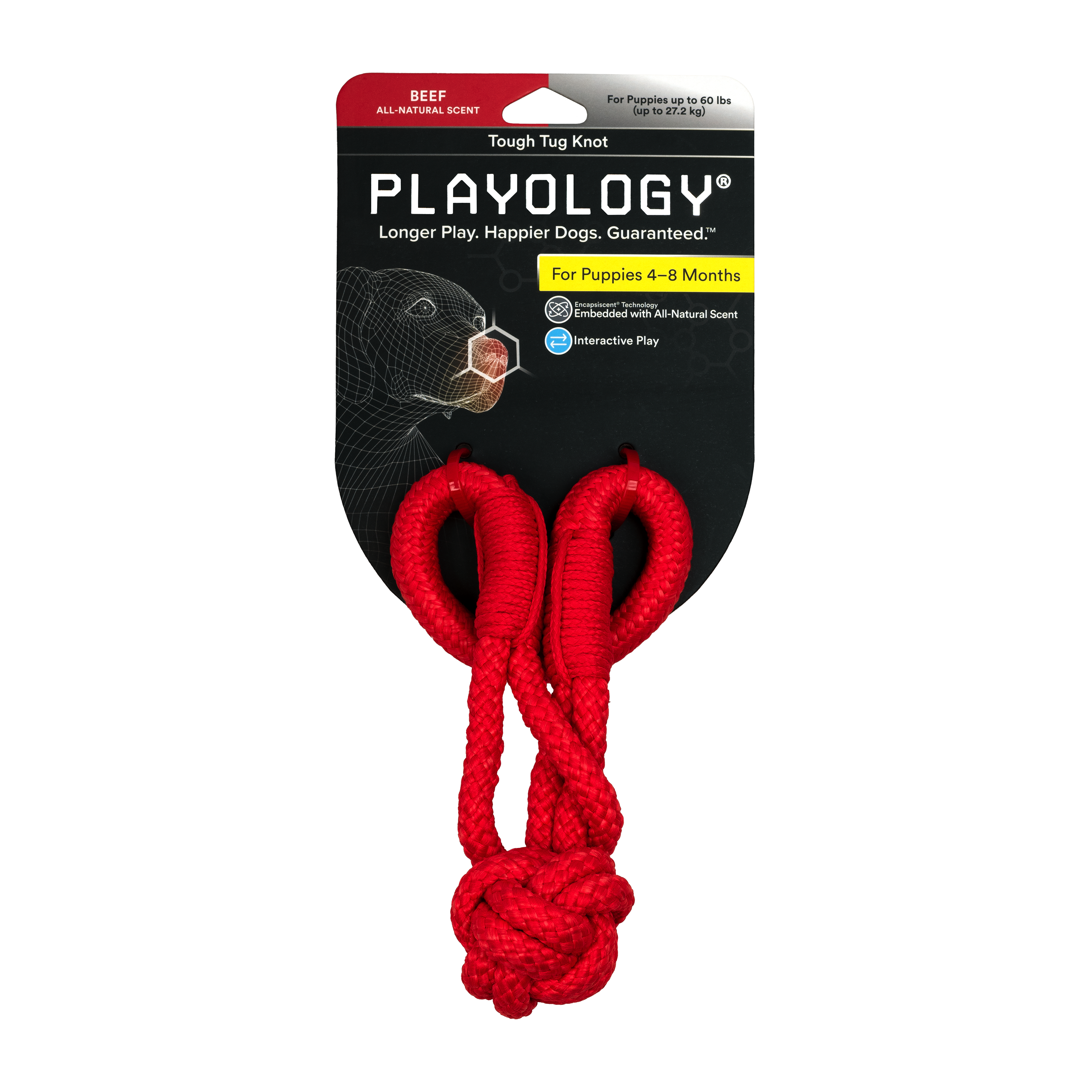Playology жевательный канат TOUGH TUG KNOT для щенков 4-8 месяцев с ароматом говядины, цвет красный СКИДКА 50%