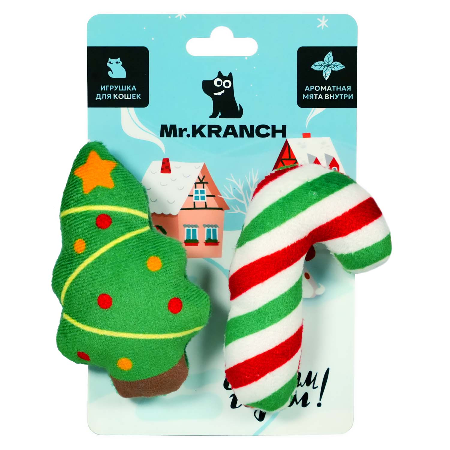 Игрушка Mr.Kranch для кошек Ёлочка и леденец плюшевая с кошачьей мятой 9 см зелёная