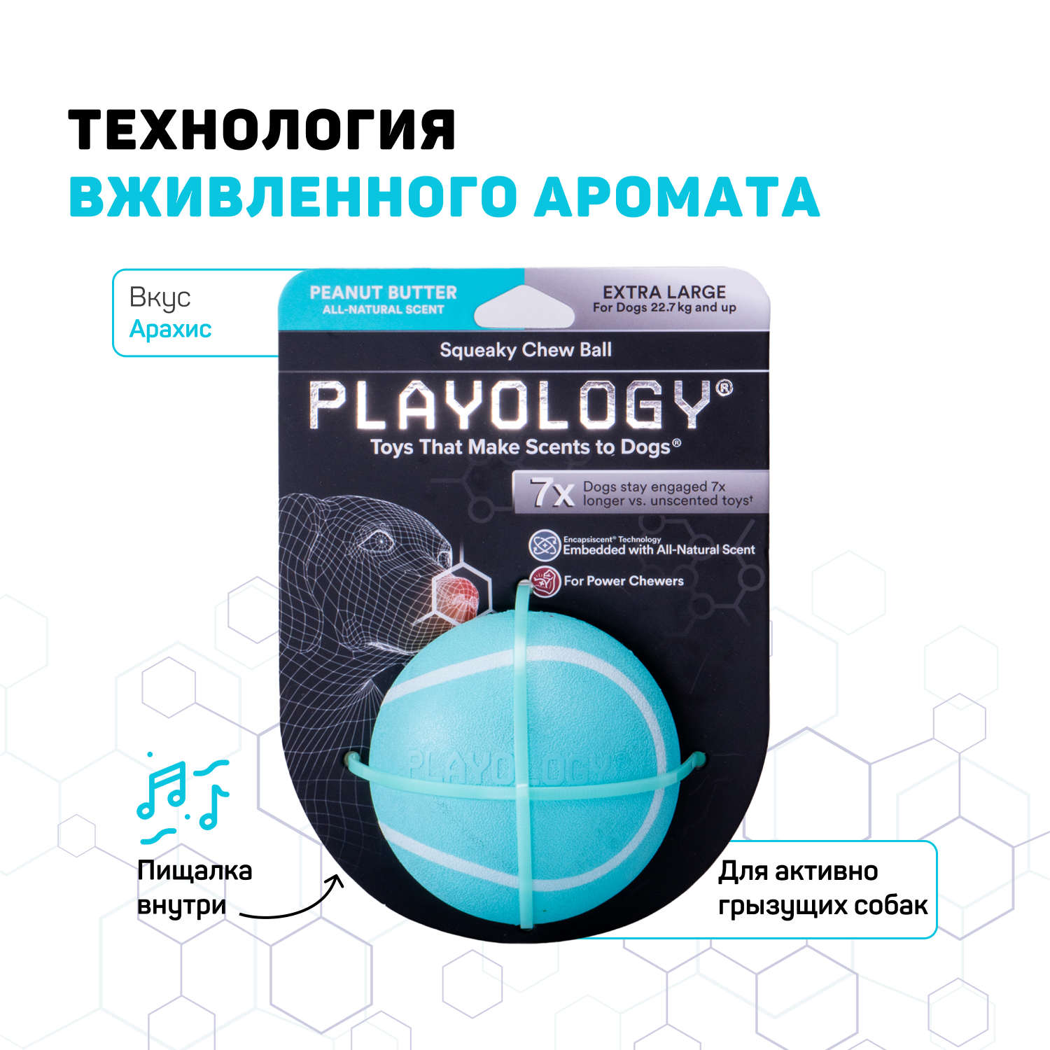 Playology жевательный мяч SQUEAKY CHEW BALL 8 см для собак средних и крупных пород с пищалкой и с ароматом арахиса, цвет голубой СКИДКА 50%