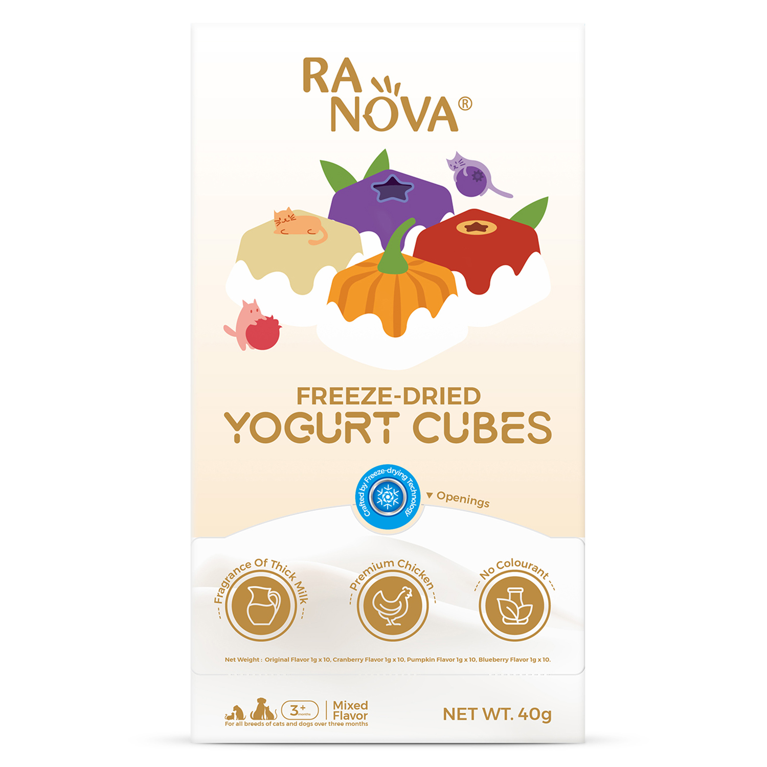 Лакомство Ranova для кошек и собак Сублимированный йогурт микс вкусов: оригинальный, черника, клюква, тыква, 40 г
