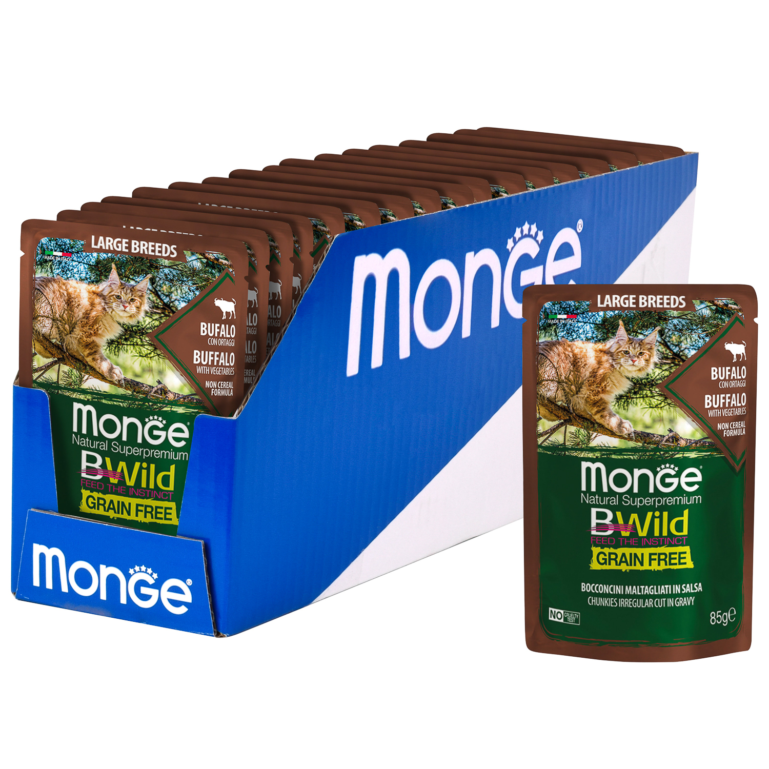 Влажный корм Monge Cat BWild GRAIN FREE для котят и кошек крупных пород, из мяса буйвола с овощами, паучи 85 г