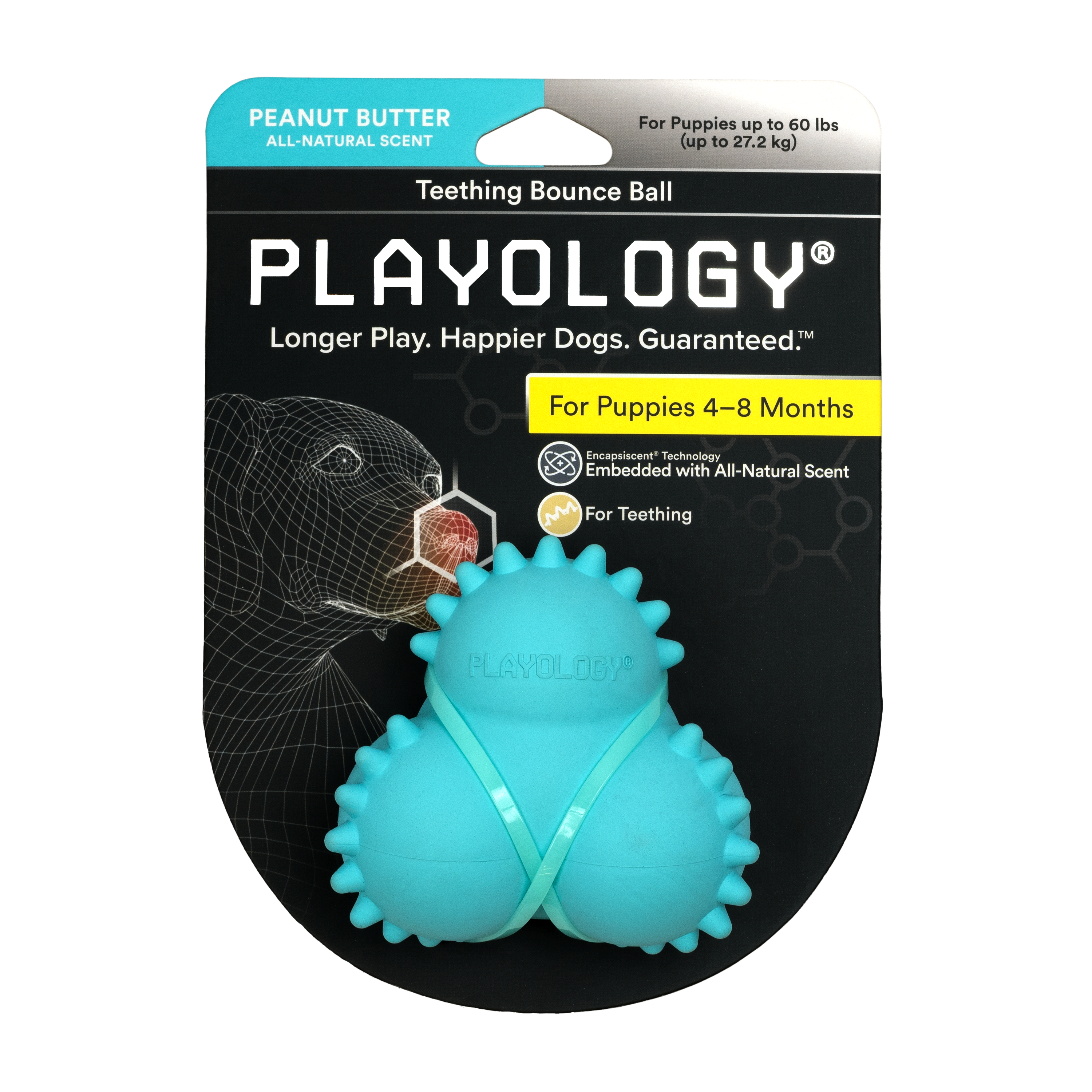 Playology дентальный жевательный тройной мяч  SQUEAKY BOUNCE BALL для щенков 4-8 месяцев с ароматом арахиса, цвет голубой СКИДКА 50%