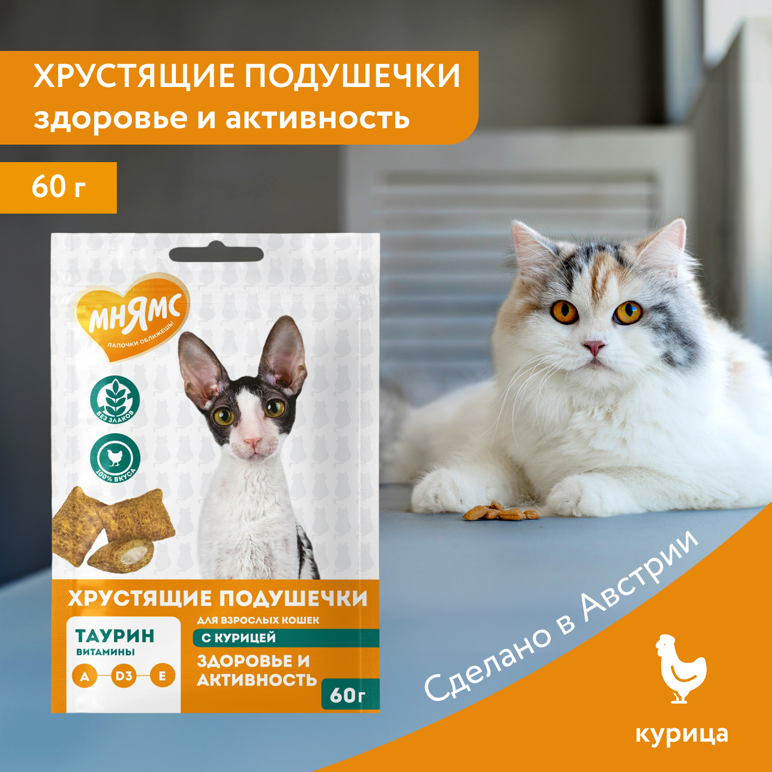 Лакомство Мнямс "Здоровье и активность" хрустящие подушечки для кошек с курицей 60 г.