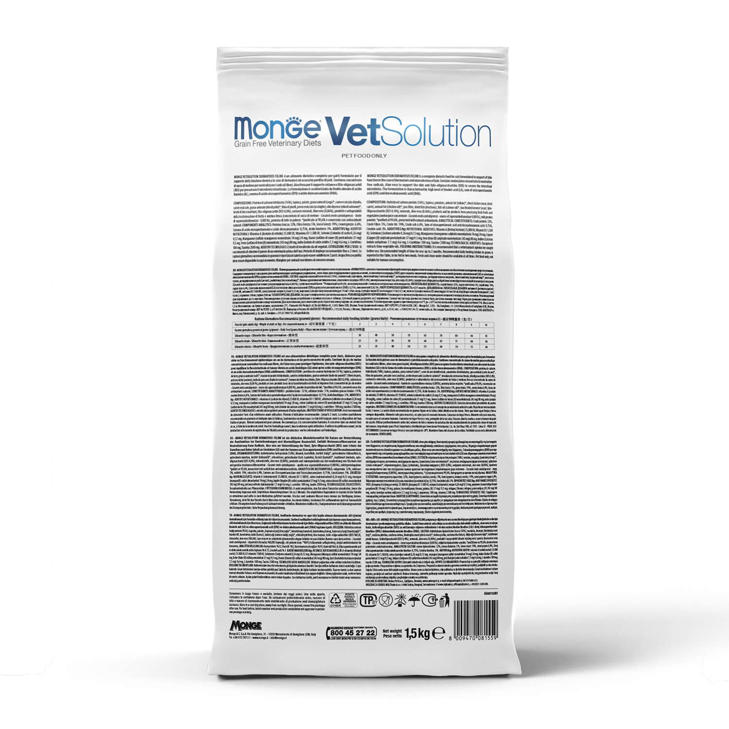 Диетический корм Monge VetSolution Cat Dermatosis Дерматозис для кошек при заболеваниях кожи 1,5 кг